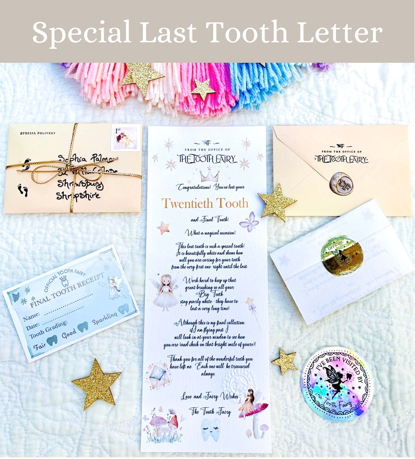 COMPLETE Tooth Fairy Kit | 20 Tooth Fairy Gold COINS & LETTERS - one for each tooth! First Tooth Fairy Kit | Buy individually or as a set