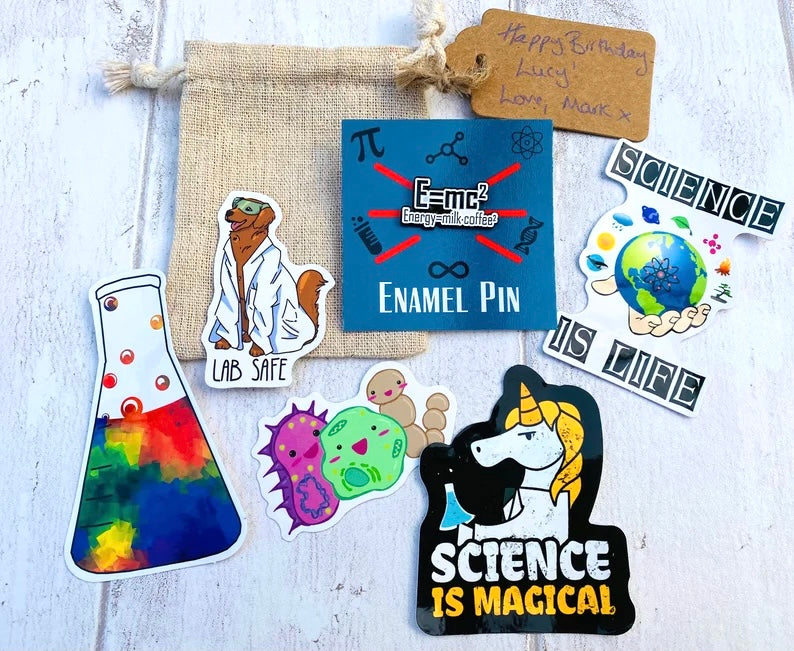 Funny Science Enamel Pin (Chemistry, Physics)/ University Badge & waterproof stickers for laptops! Scientist- chemist- physicist gift box
