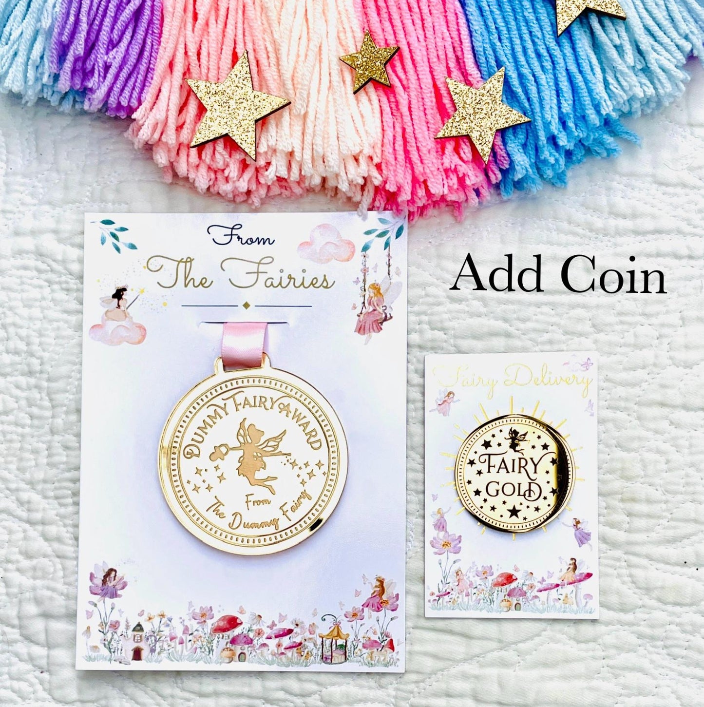Dummy Fairy MEDAL and Dummy Fairy LETTER! Fairy Gold Coin and Fairy Dust. Binkie Fairy Letter, Soother Fairy Letter & Pacifier Fairy Letter