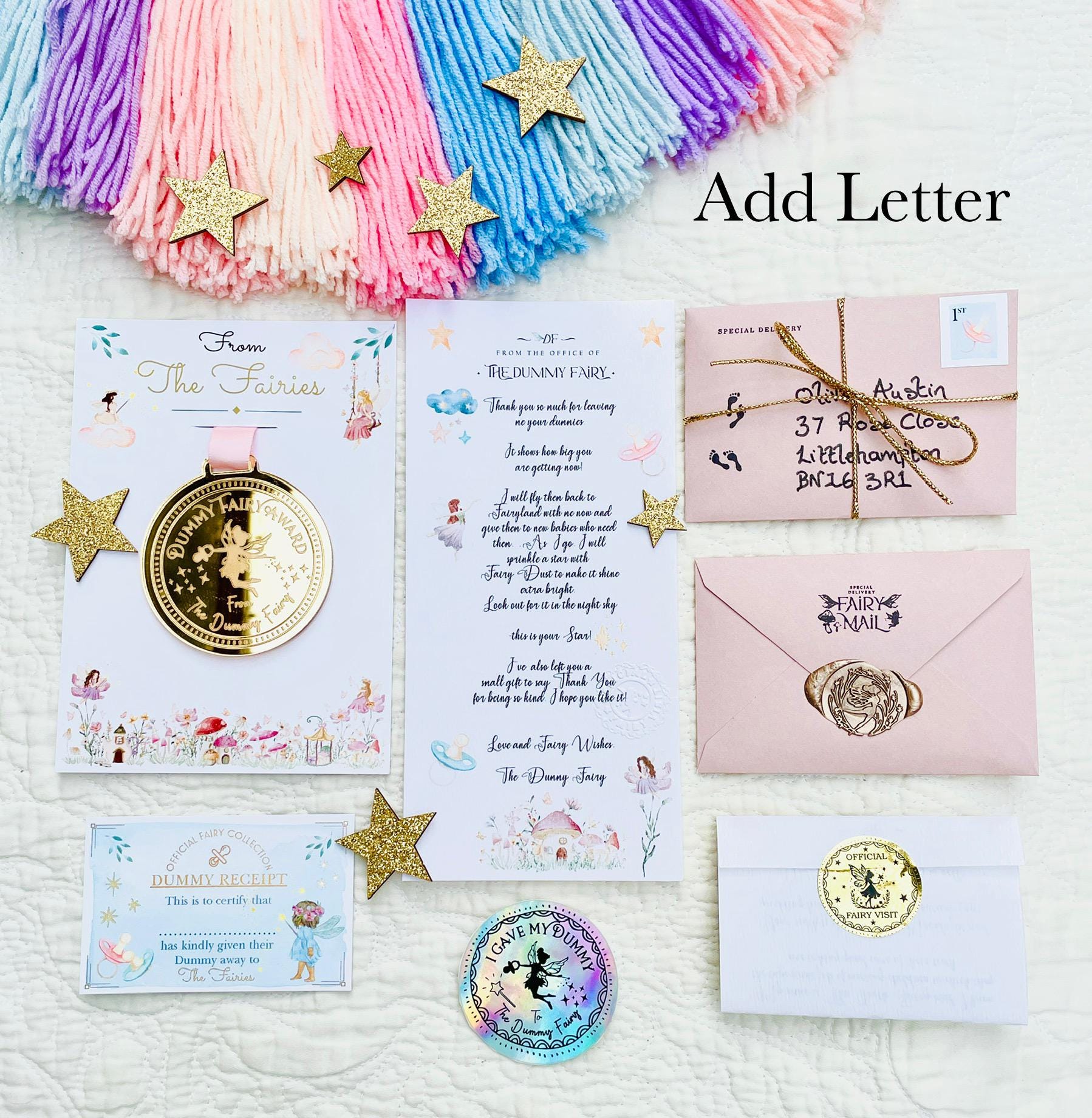 Dummy Fairy MEDAL and Dummy Fairy LETTER! Fairy Gold Coin and Fairy Dust. Binkie Fairy Letter, Soother Fairy Letter & Pacifier Fairy Letter
