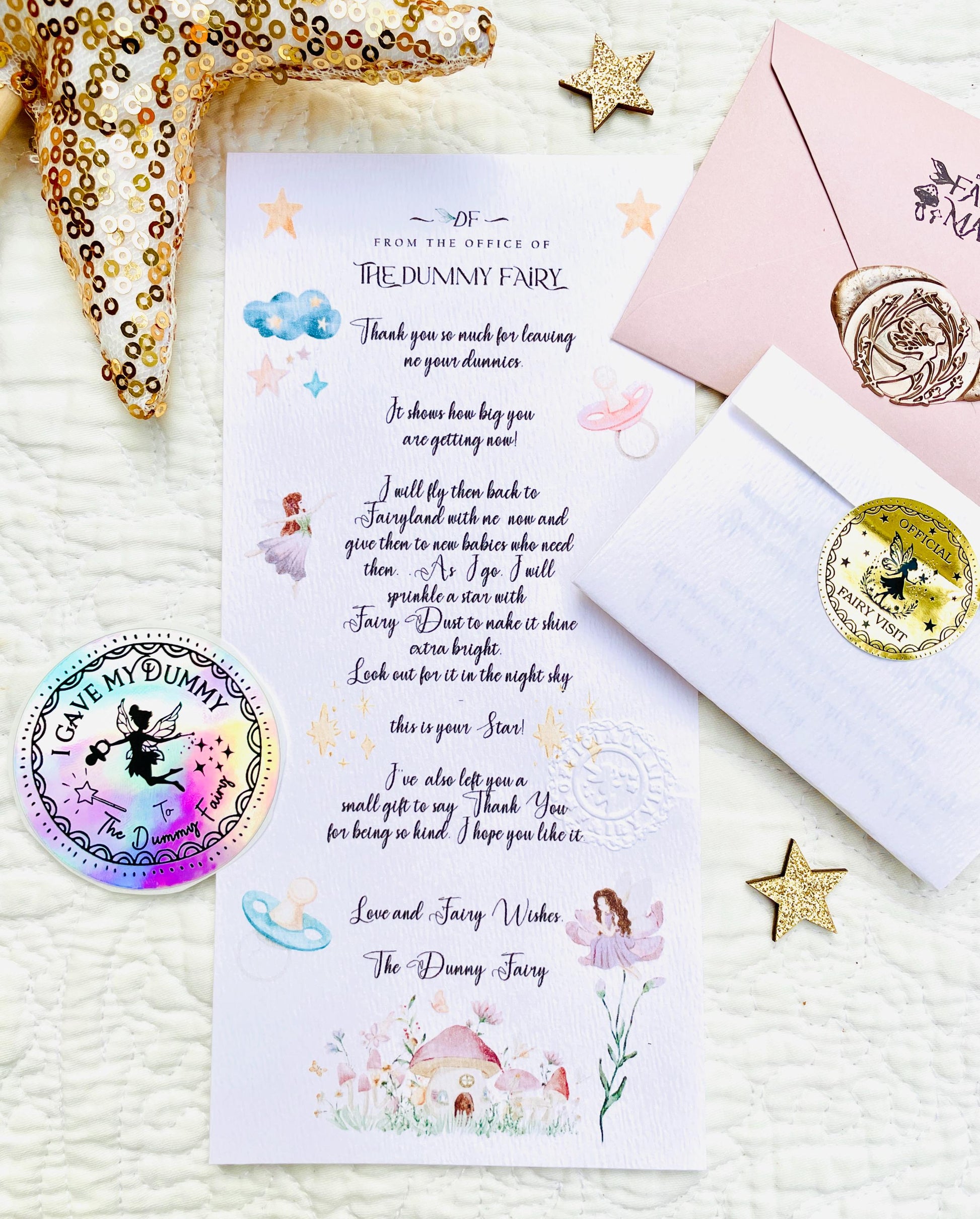 Dummy Fairy MEDAL and Dummy Fairy LETTER! Fairy Gold Coin and Fairy Dust. Binkie Fairy Letter, Soother Fairy Letter & Pacifier Fairy Letter