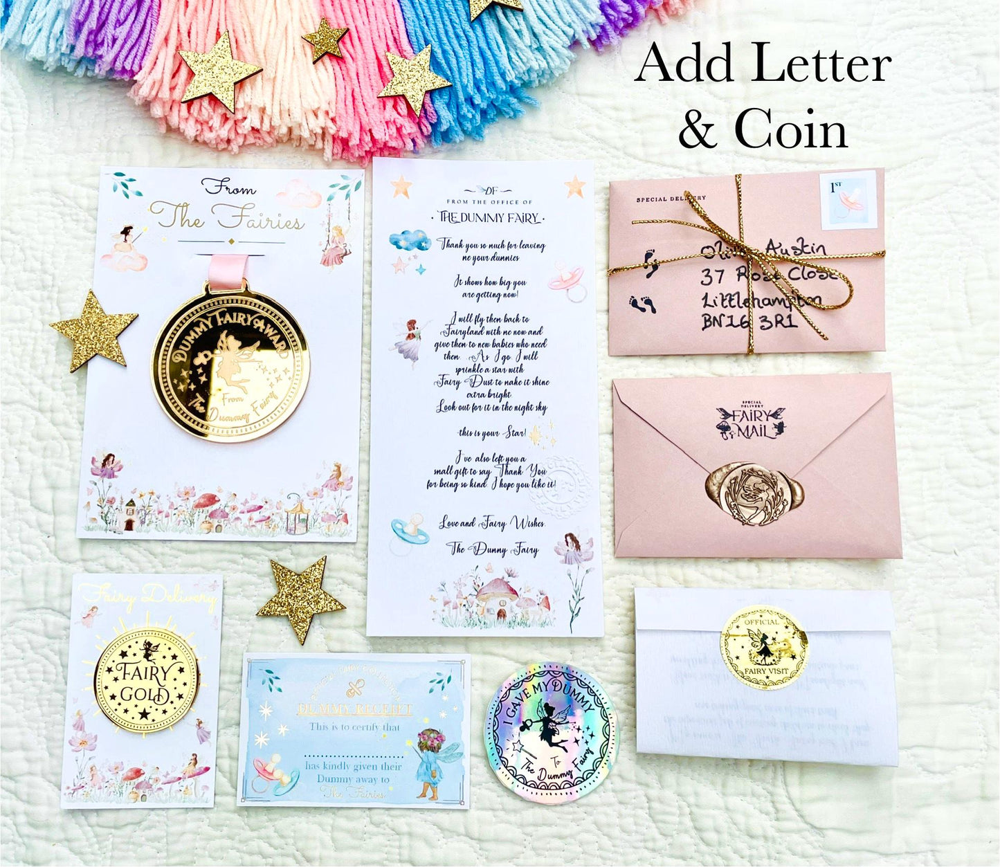 Dummy Fairy MEDAL and Dummy Fairy LETTER! Fairy Gold Coin and Fairy Dust. Binkie Fairy Letter, Soother Fairy Letter & Pacifier Fairy Letter