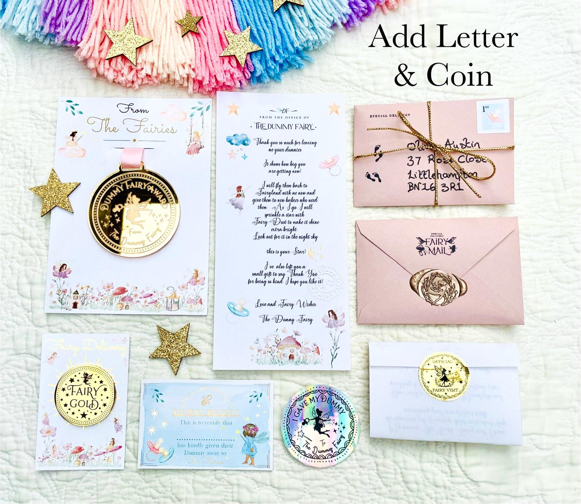 Dummy Fairy MEDAL and Dummy Fairy LETTER! Fairy Gold Coin and Fairy Dust. Binkie Fairy Letter, Soother Fairy Letter & Pacifier Fairy Letter