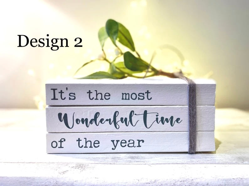 Most Wonderful Time of the Year Christmas Book Stack- Christmas Ornament- White Xmas Decor