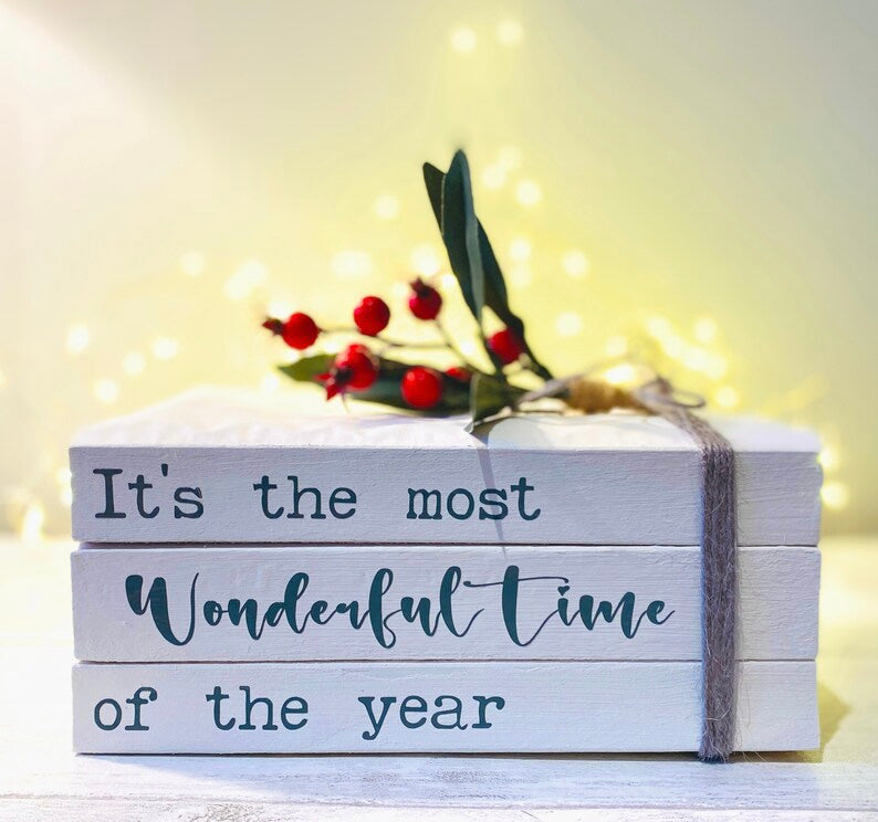 Most Wonderful Time of the Year Christmas Book Stack- Christmas Ornament- White Xmas Decor