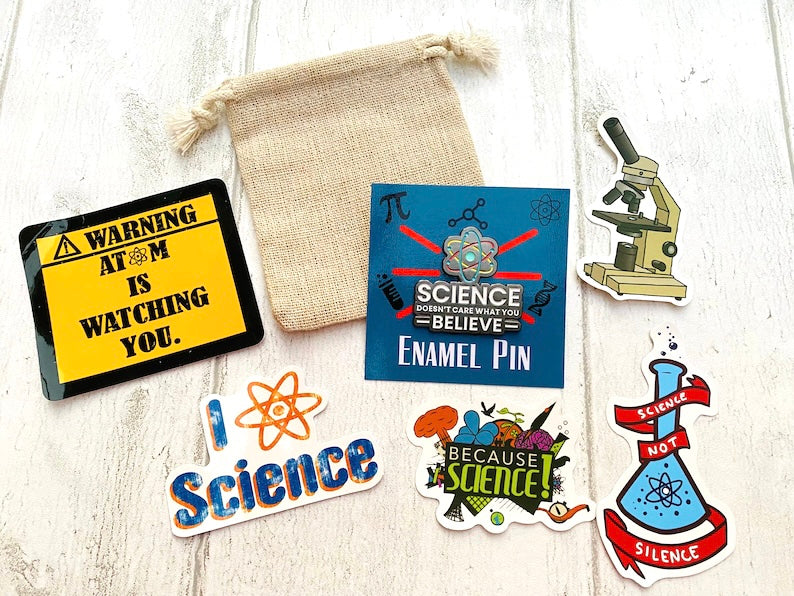 Personalised Science Enamel Pin (Chemistry, Physics)/ University Badge & waterproof stickers for laptops! Scientist- chemist- physicist gift