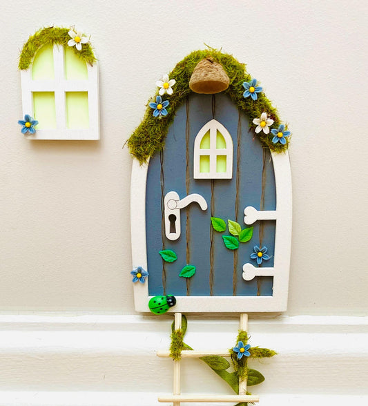 FAIRY DOOR (Glow in the Dark) for Fairy Bedroom- Woodland Cottage with Ladder and Glowing Windows! Fairy Door Key