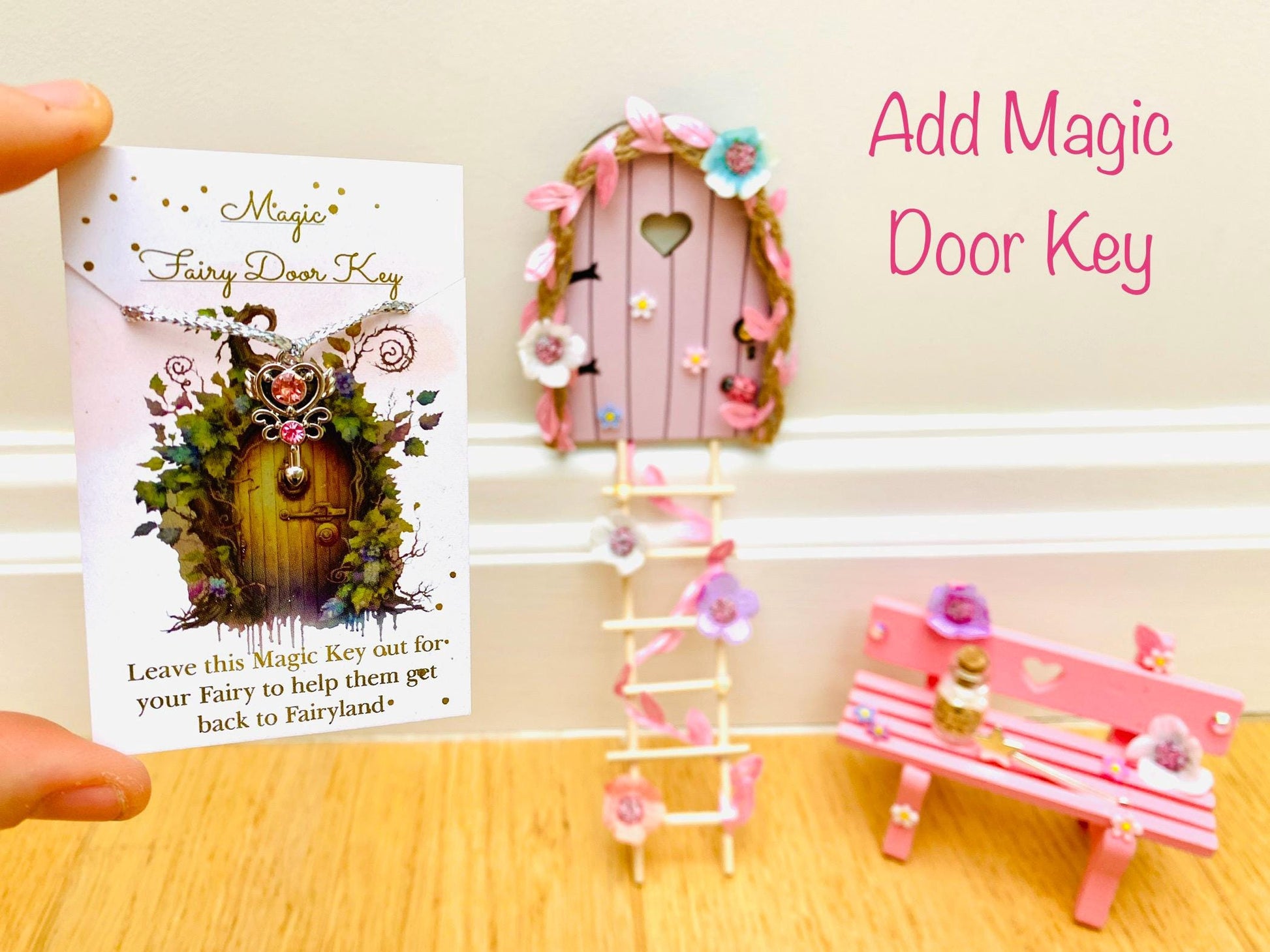 FAIRY DOOR (Pink & Blue designs) with Ladder, Fairy Bench for Fairy Bedroom