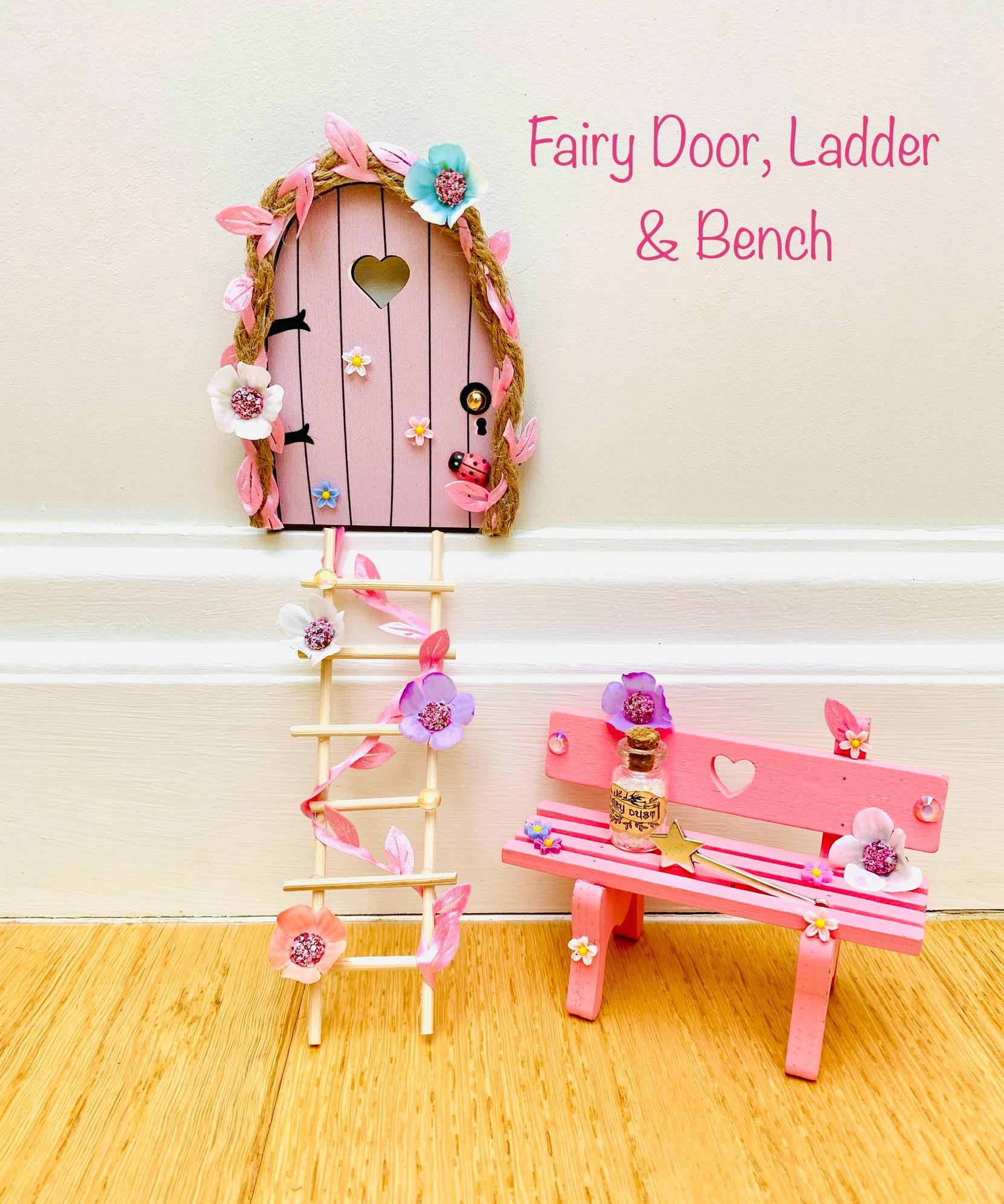 FAIRY DOOR (Pink & Blue designs) with Ladder, Fairy Bench for Fairy Bedroom