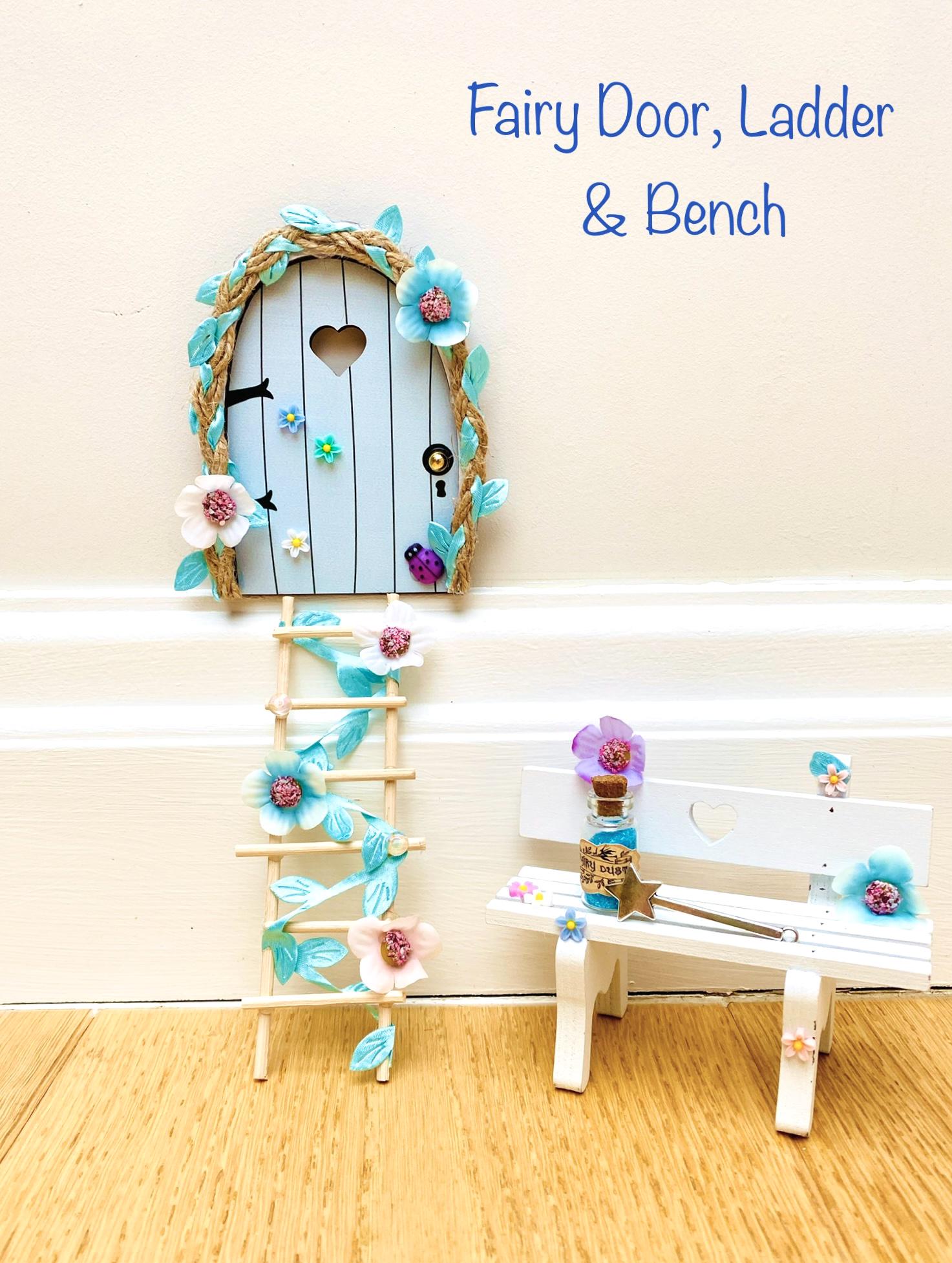 FAIRY DOOR (Pink & Blue designs) with Ladder, Fairy Bench for Fairy Bedroom
