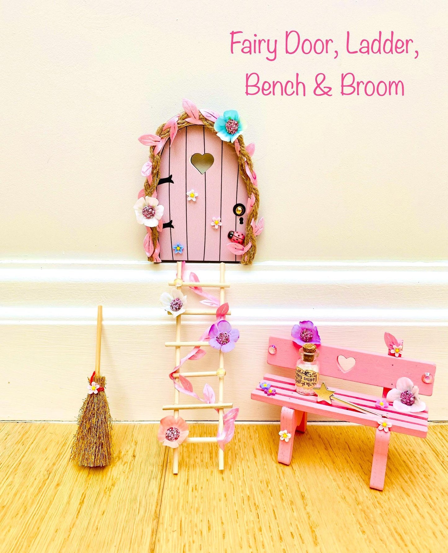 FAIRY DOOR (Pink & Blue designs) with Ladder, Fairy Bench for Fairy Bedroom