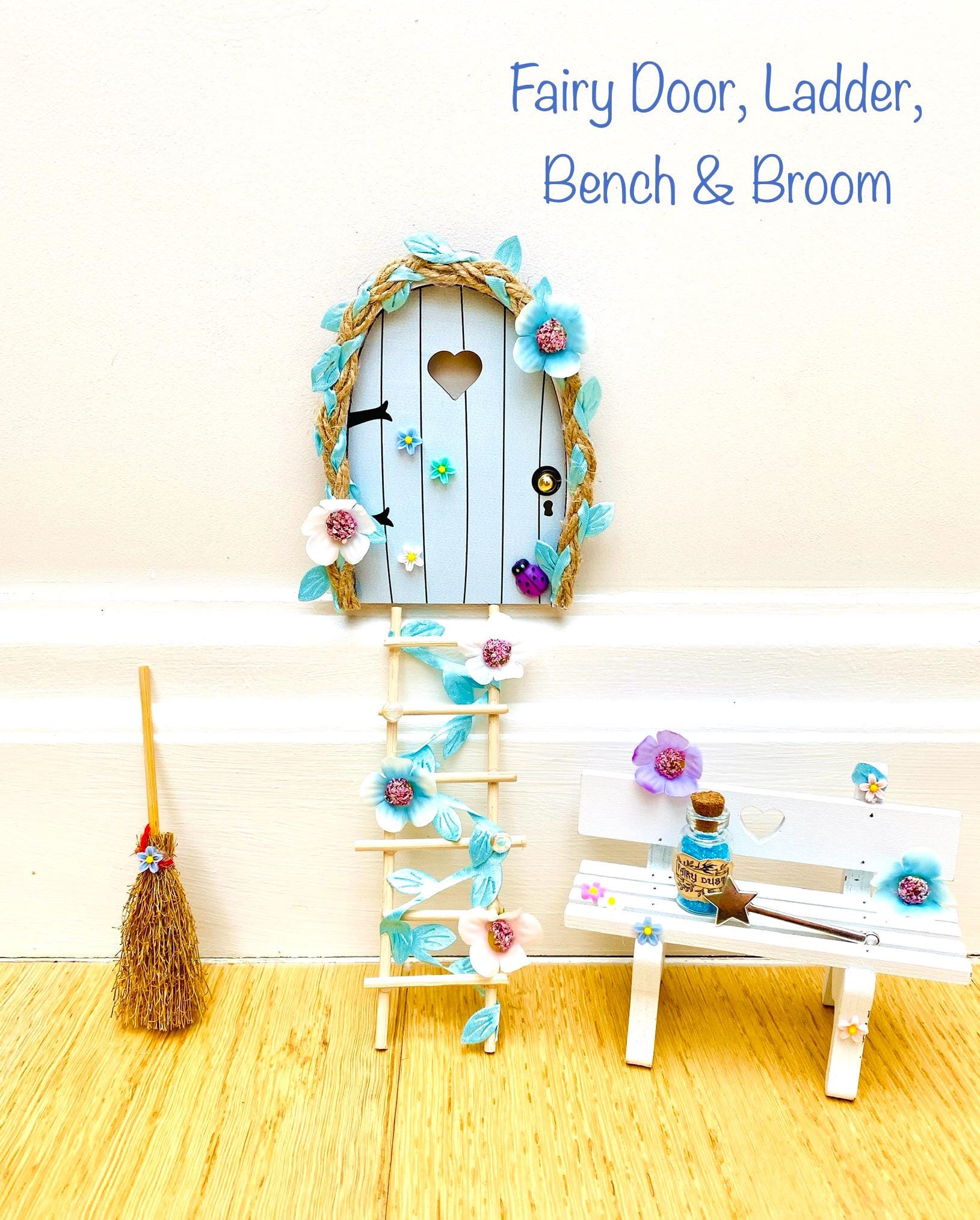 FAIRY DOOR (Pink & Blue designs) with Ladder, Fairy Bench for Fairy Bedroom