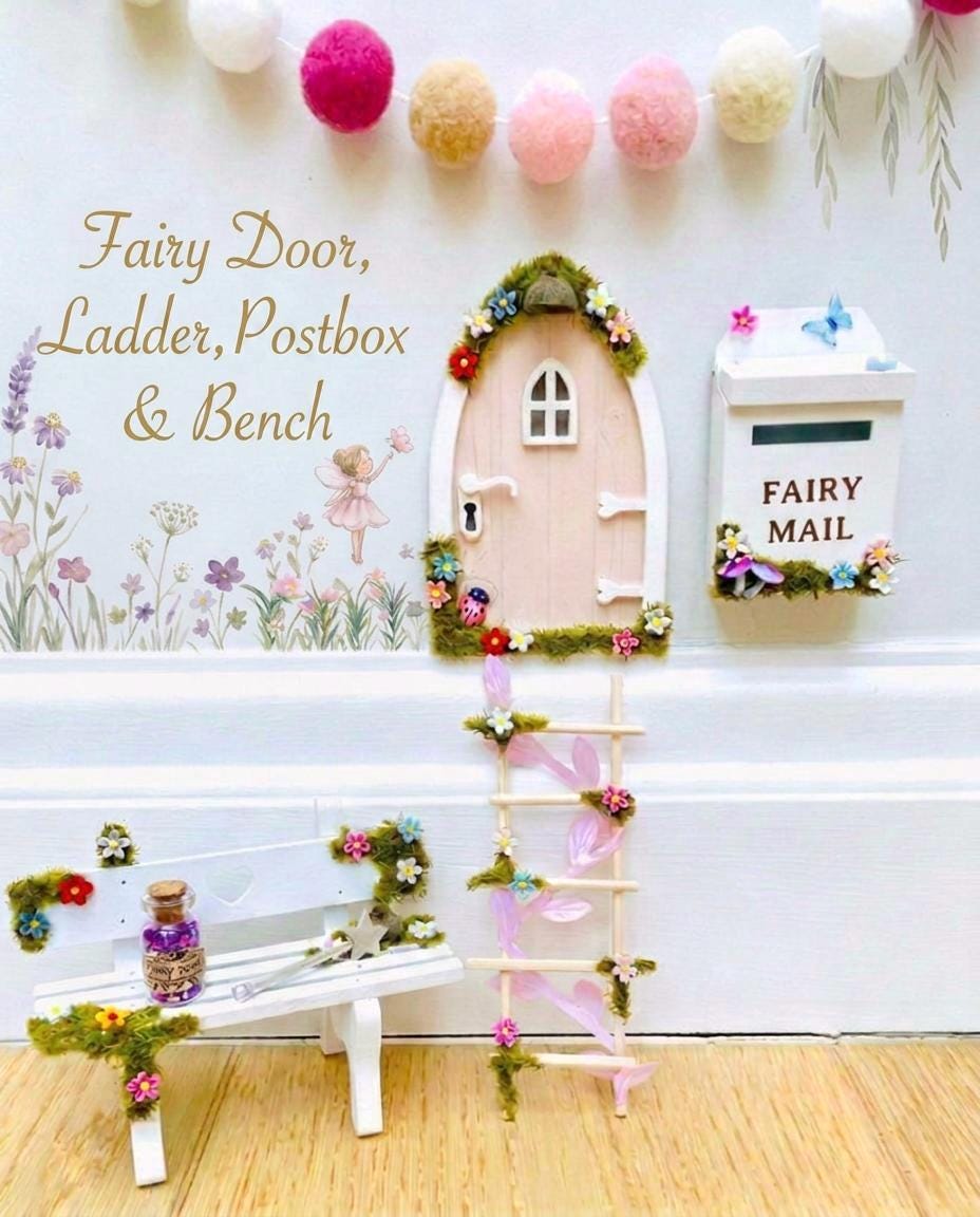 FAIRY DOOR Set with Glowing Windows, Fairy Mailbox and Bench | Build your own Fairy Home Wall Decor for Fairy Bedroom | Fairy Birthday Gift __etsy:8102242725