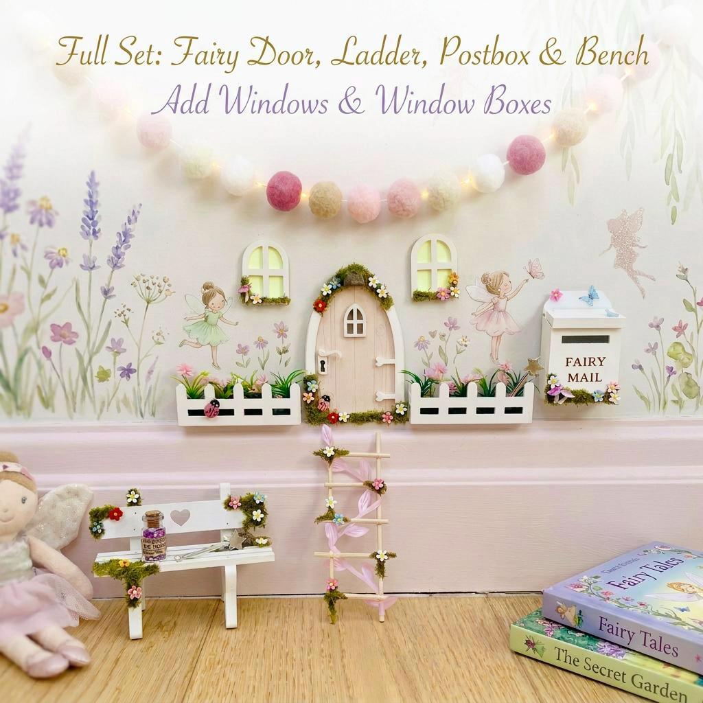 FAIRY DOOR Set with Glowing Windows, Fairy Mailbox and Bench | Build your own Fairy Home Wall Decor for Fairy Bedroom | Fairy Birthday Gift __etsy:8101366977