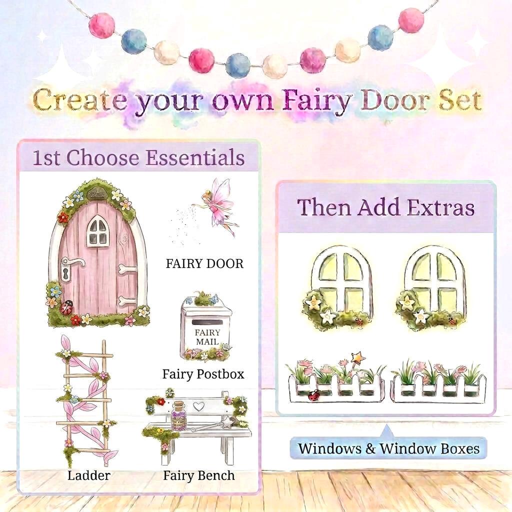 FAIRY DOOR Set with Glowing Windows, Fairy Mailbox and Bench | Build your own Fairy Home Wall Decor for Fairy Bedroom | Fairy Birthday Gift __etsy:8051525440