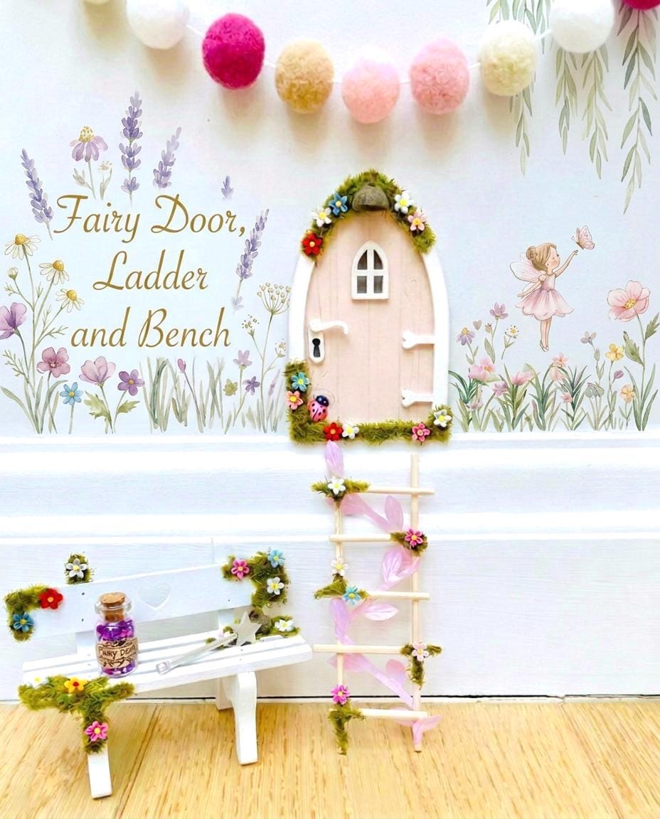 FAIRY DOOR Set with Glowing Windows, Fairy Mailbox and Bench | Build your own Fairy Home Wall Decor for Fairy Bedroom | Fairy Birthday Gift __etsy:8053568226