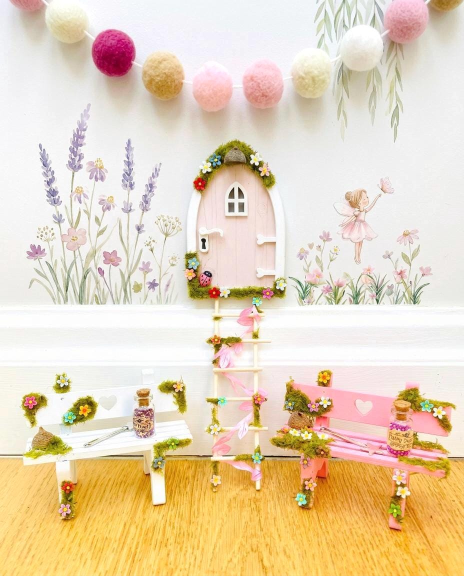 FAIRY DOOR Set with Glowing Windows, Fairy Mailbox and Bench | Build your own Fairy Home Wall Decor for Fairy Bedroom | Fairy Birthday Gift __etsy:8053850816