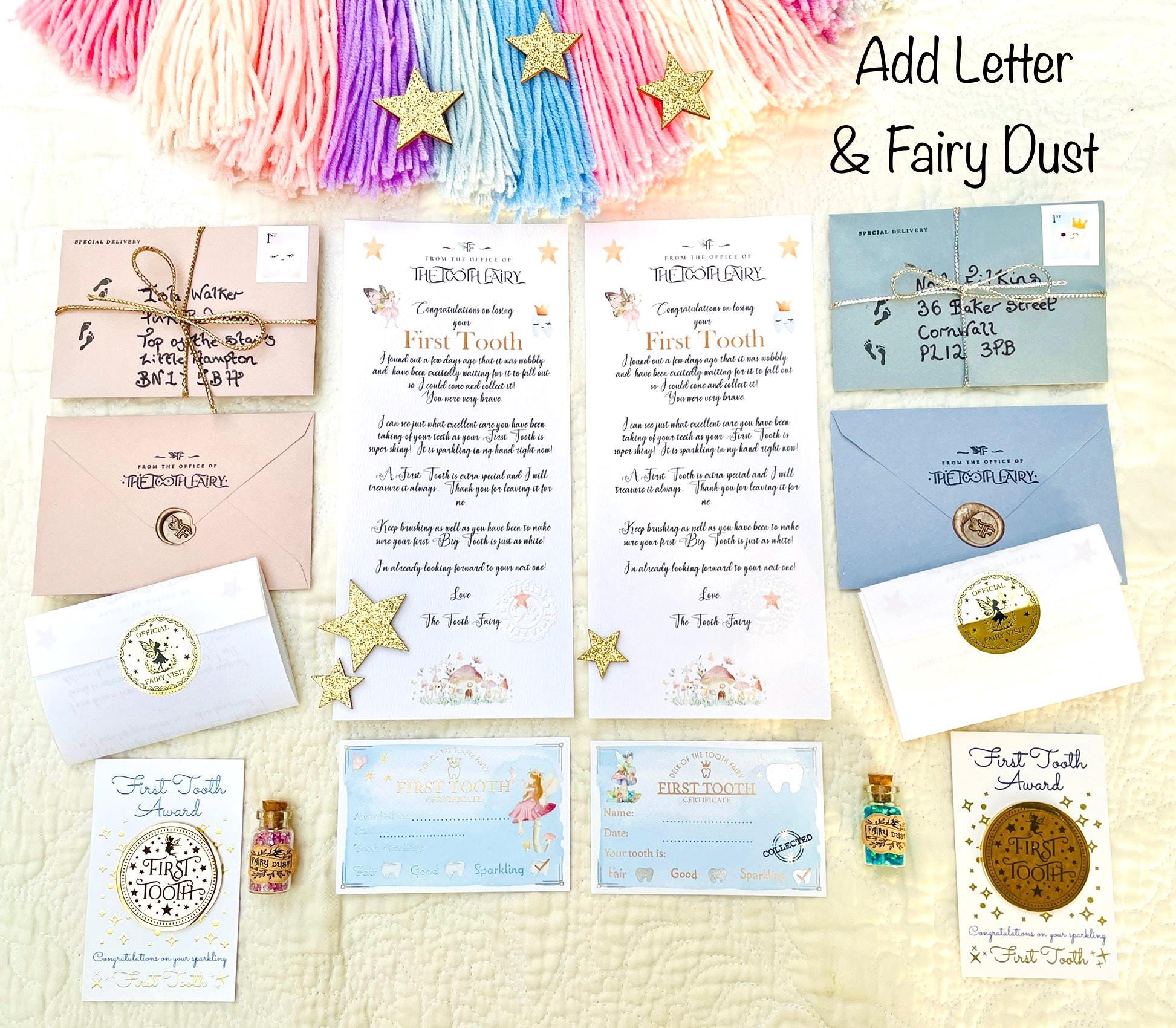 FIRST TOOTH Fairy Gold Coin, MEDAL & Tooth Fairy Letter! Tooth Fairy Kit, Metal Coin, Gifts and Fairy Dust.