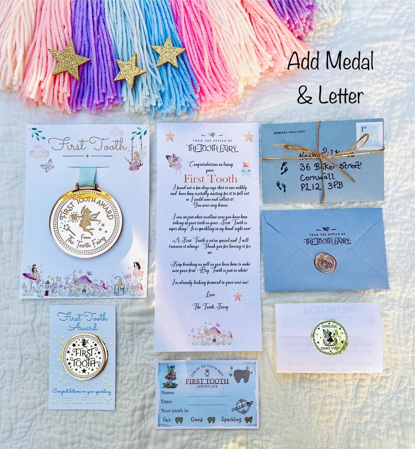 FIRST TOOTH Fairy Gold Coin, MEDAL & Tooth Fairy Letter! Tooth Fairy Kit, Metal Coin, Gifts and Fairy Dust.