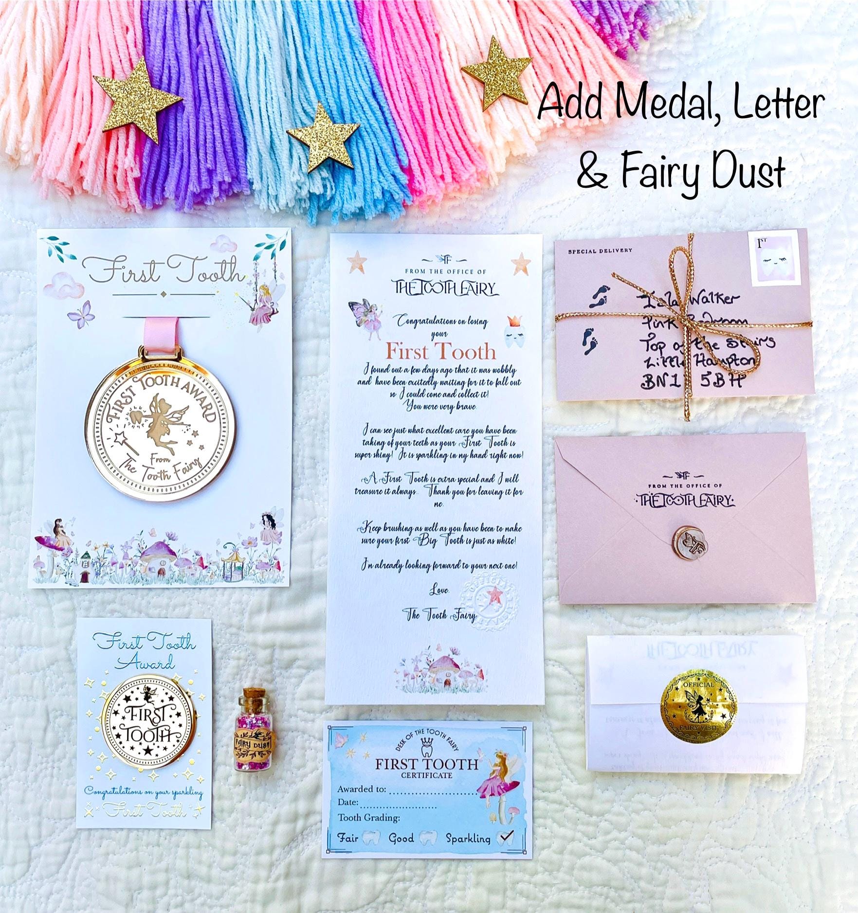 FIRST TOOTH Fairy Gold Coin, MEDAL & Tooth Fairy Letter! Tooth Fairy Kit, Metal Coin, Gifts and Fairy Dust.