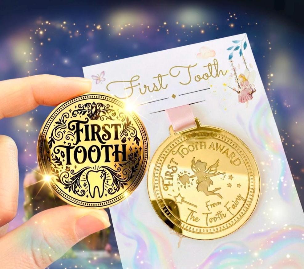 FIRST TOOTH Fairy Gold Coin, MEDAL & Tooth Fairy Letter! Tooth Fairy Kit, Metal Coin, Gifts and Fairy Dust.