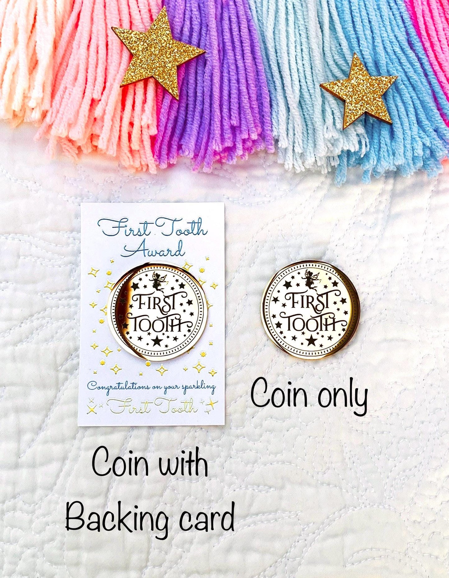 FIRST TOOTH Fairy Gold Coin, MEDAL & Tooth Fairy Letter! Tooth Fairy Kit, Metal Coin, Gifts and Fairy Dust.