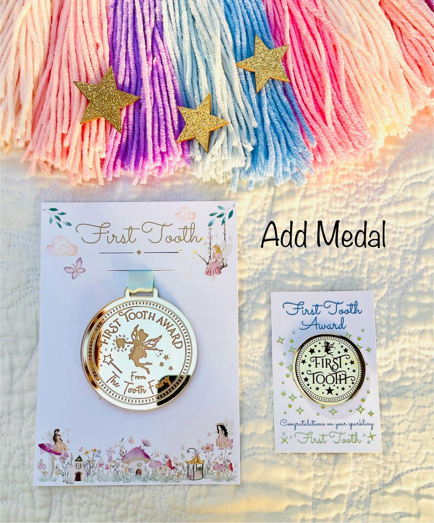 FIRST TOOTH Fairy Gold Coin, MEDAL & Tooth Fairy Letter! Tooth Fairy Kit, Metal Coin, Gifts and Fairy Dust.