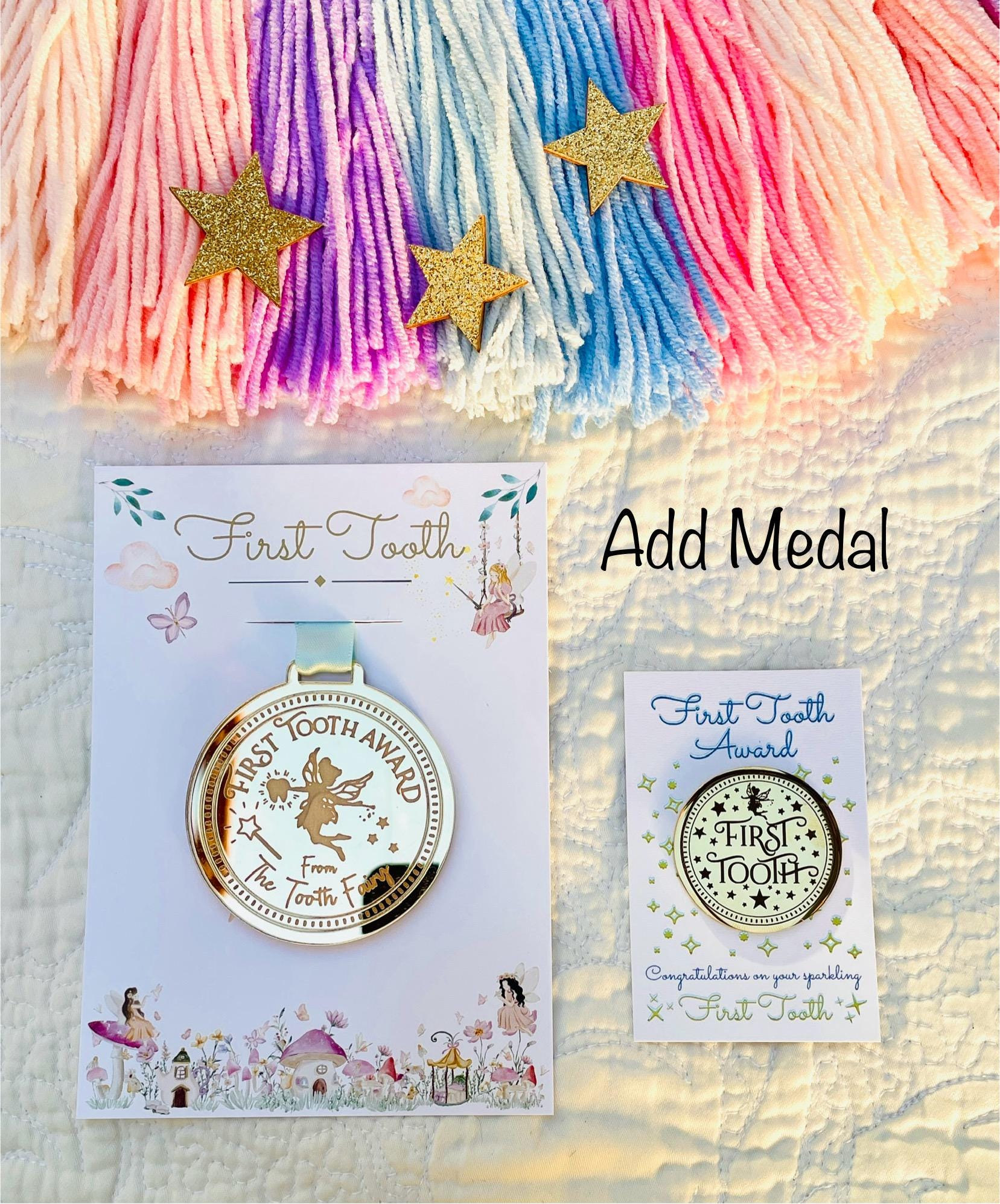 FIRST TOOTH Fairy Gold Coin, MEDAL & Tooth Fairy Letter! Tooth Fairy Kit, Metal Coin, Gifts and Fairy Dust.