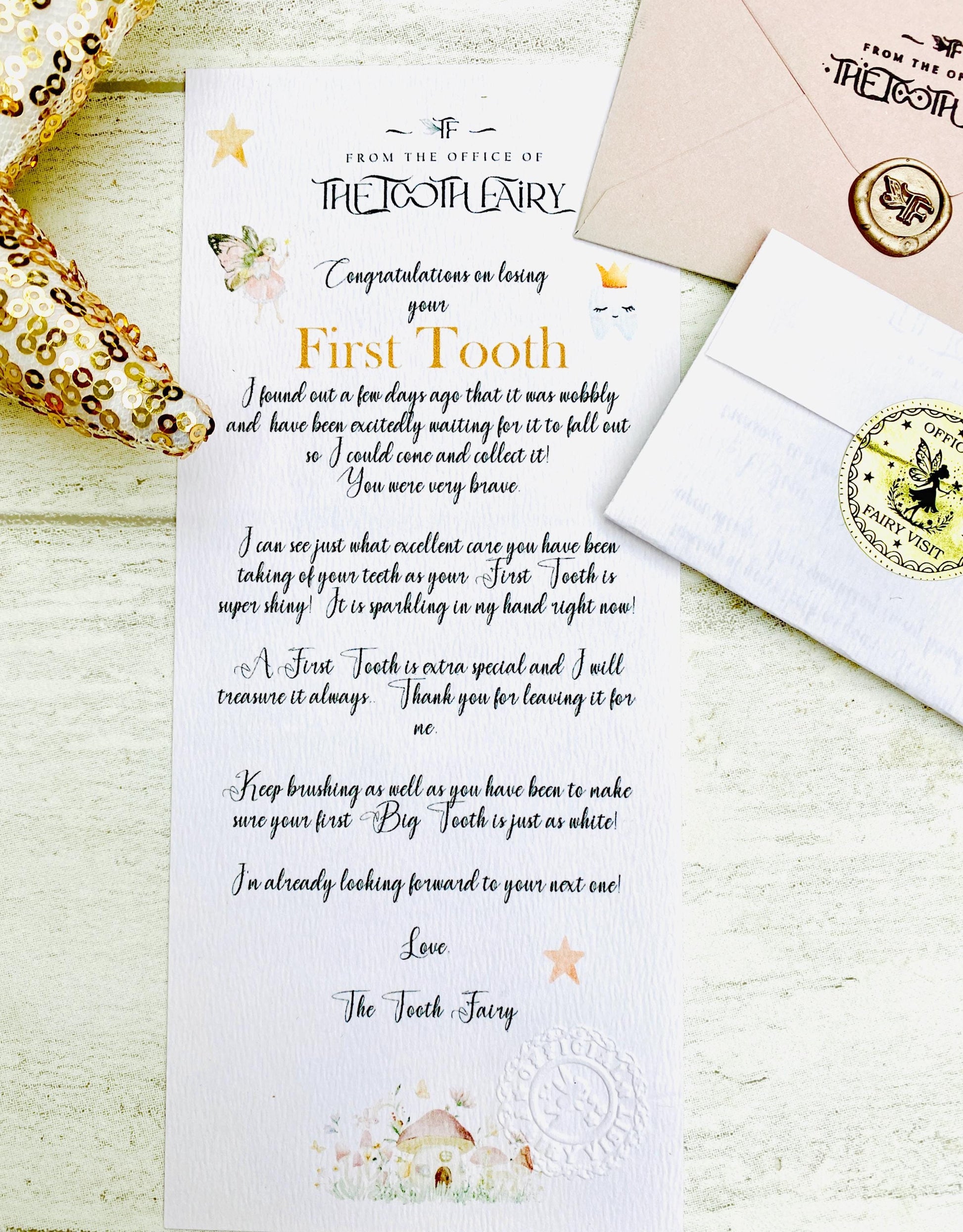 FIRST TOOTH Fairy Gold Coin, MEDAL & Tooth Fairy Letter! Tooth Fairy Kit, Metal Coin, Gifts and Fairy Dust.