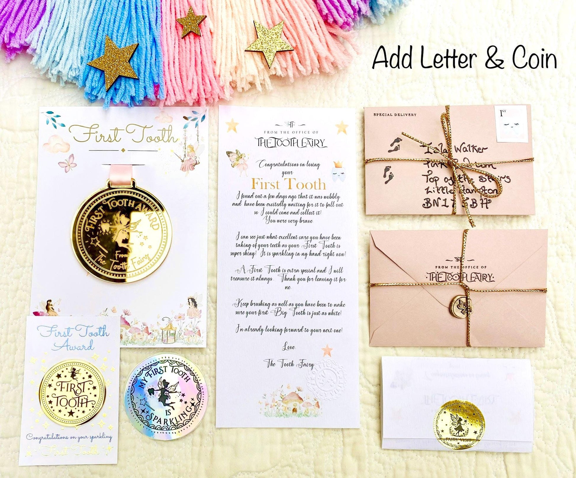 FIRST Tooth Fairy Medal -Tooth Fairy LETTER Tooth Fairy Gold Coin- First Milk Tooth Fairy Kit! First Tooth Girls & Boys 1st Tooth Fairy Dust