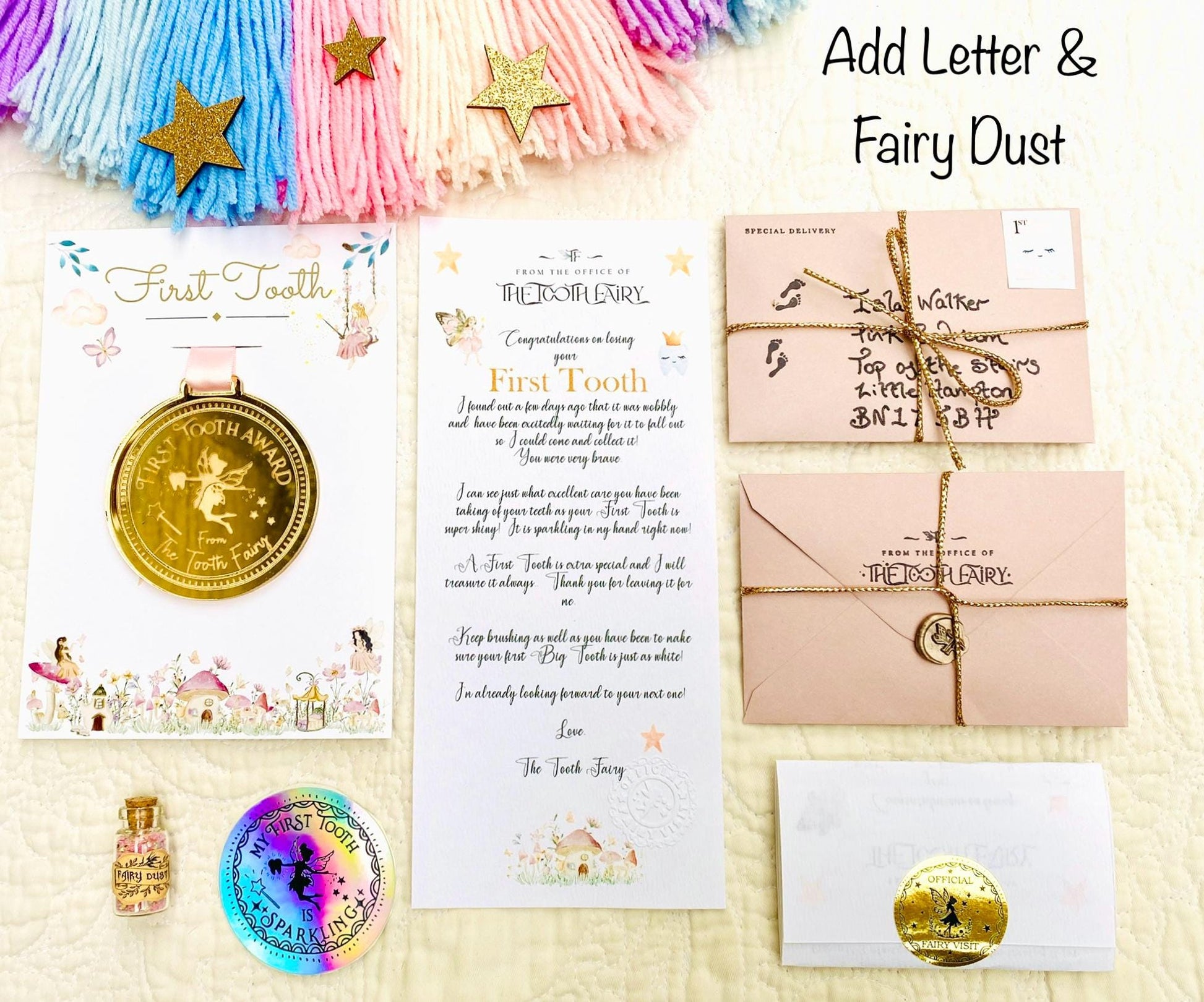 FIRST Tooth Fairy Medal -Tooth Fairy LETTER Tooth Fairy Gold Coin- First Milk Tooth Fairy Kit! First Tooth Girls & Boys 1st Tooth Fairy Dust
