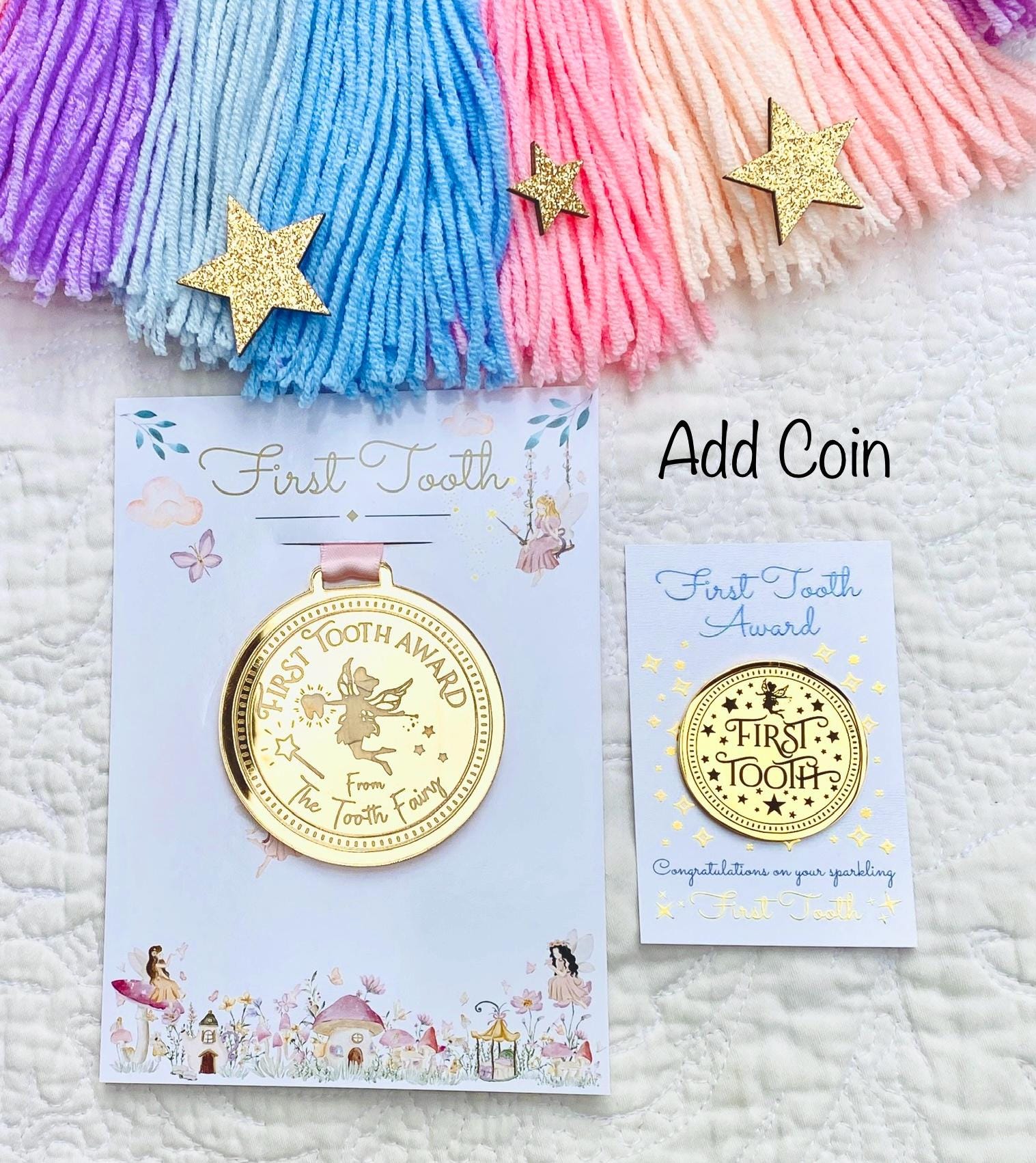 FIRST Tooth Fairy Medal -Tooth Fairy LETTER Tooth Fairy Gold Coin- First Milk Tooth Fairy Kit! First Tooth Girls & Boys 1st Tooth Fairy Dust