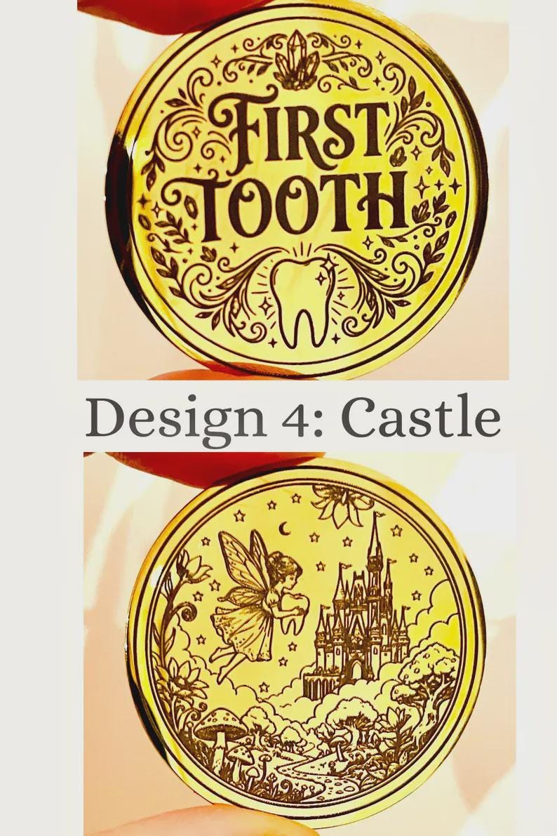 FIRST Tooth Fairy Medal -Tooth Fairy LETTER Tooth Fairy Gold Coin- First Milk Tooth Fairy Kit! First Tooth Girls & Boys 1st Tooth Fairy Dust