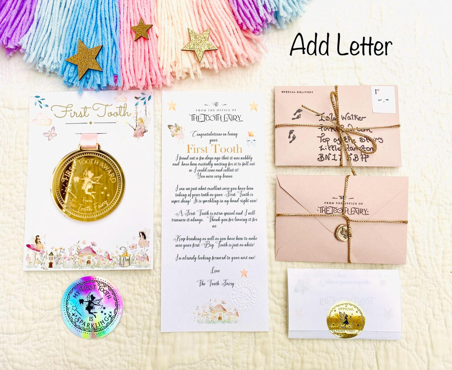 FIRST Tooth Fairy Medal -Tooth Fairy LETTER Tooth Fairy Gold Coin- First Milk Tooth Fairy Kit! First Tooth Girls & Boys 1st Tooth Fairy Dust
