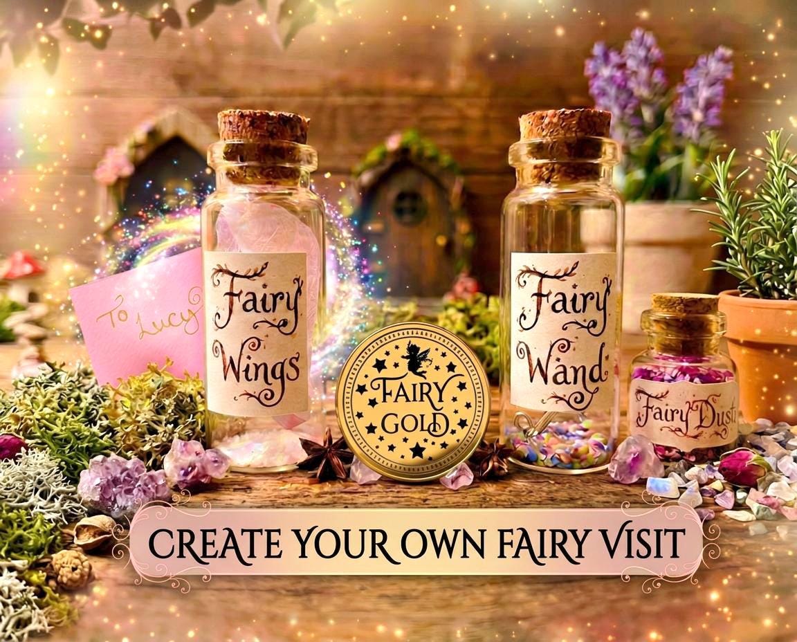 Fairy Visit Kit | Tooth Fairy Gold Coin | Fairy Dust, Fairy Wings & Fairy Wand | Fairy Door Accessories | Dummy Fairy Gift First Tooth Fairy