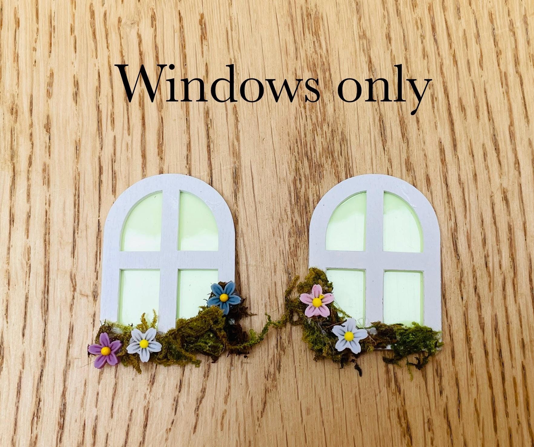 Glow-in-the-Dark Wooden Fairy Windows for Fairy Door, Fairy Bedroom – Miniature Moss Flower Decor