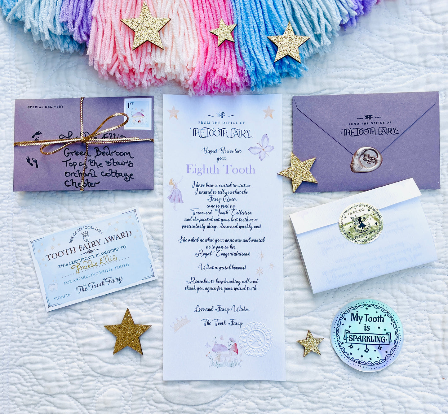 COMPLETE Tooth Fairy Kit | 20 Tooth Fairy Gold COINS & LETTERS - one for each tooth! First Tooth Fairy Kit | Buy individually or as a set