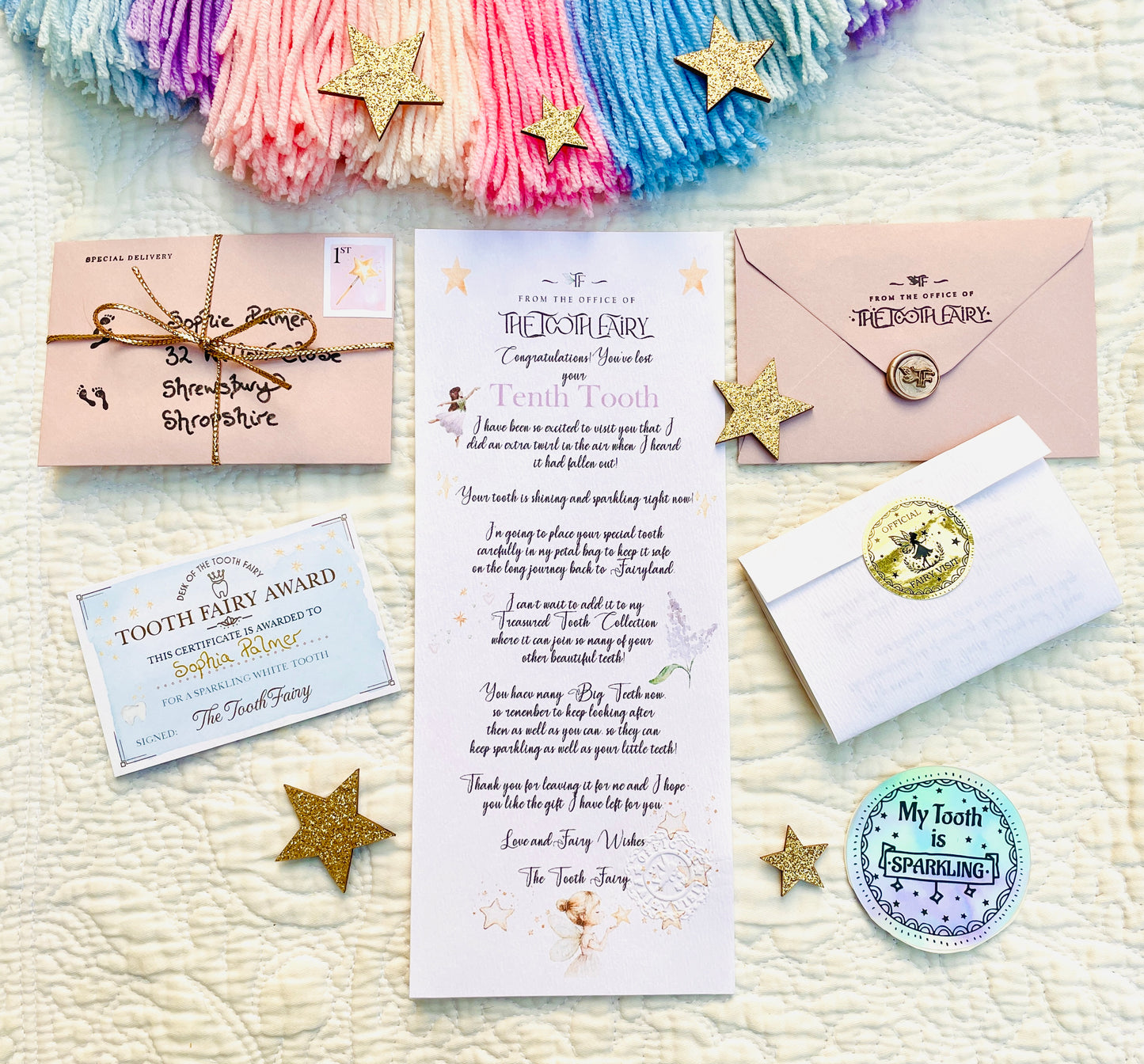 COMPLETE Tooth Fairy Kit | 20 Tooth Fairy Gold COINS & LETTERS - one for each tooth! First Tooth Fairy Kit | Buy individually or as a set
