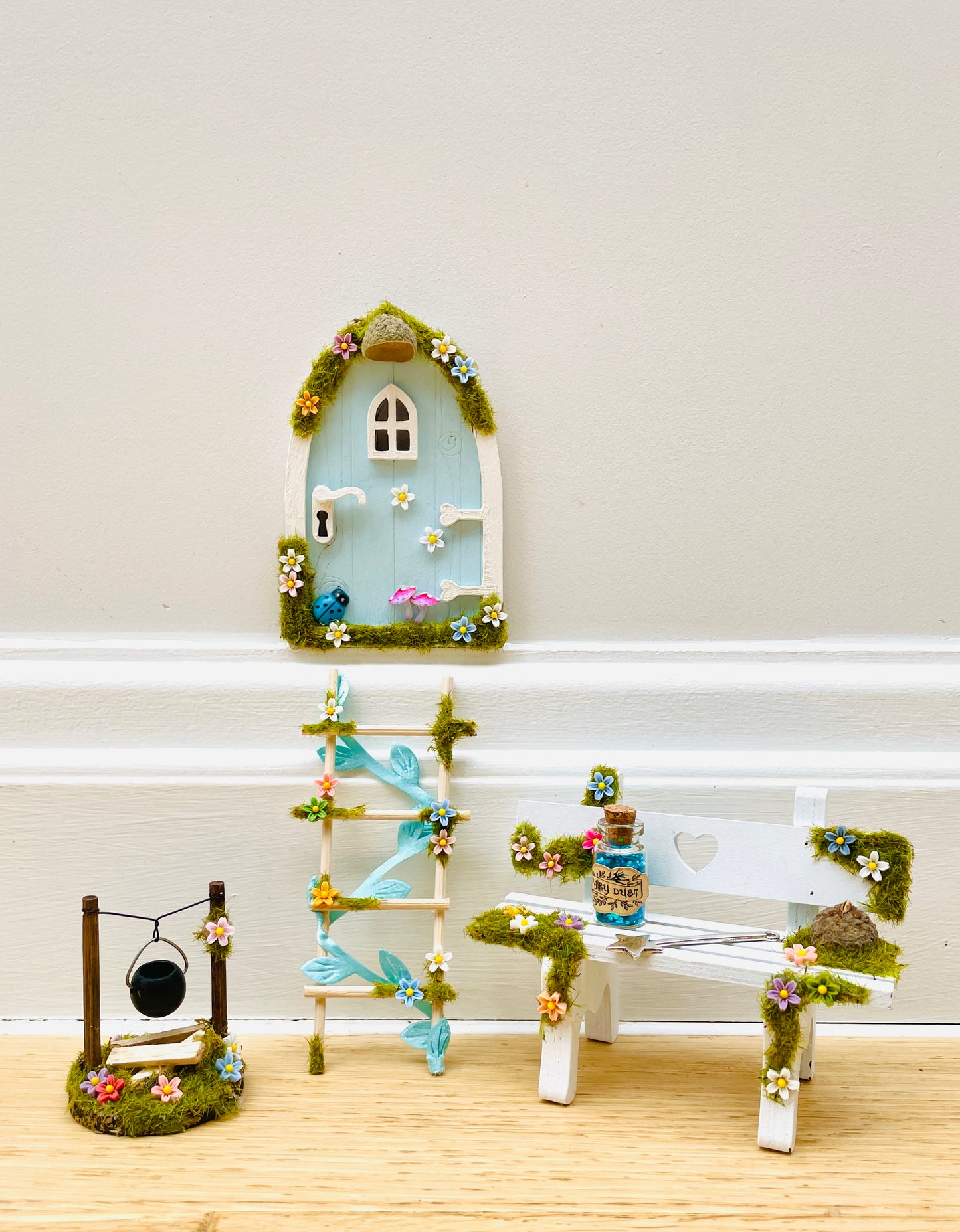 Blue FAIRY DOOR with Ladder, Fairy Bench & Fairy Postbox for Fairy Bedroom- Pale Blue Fairy Door