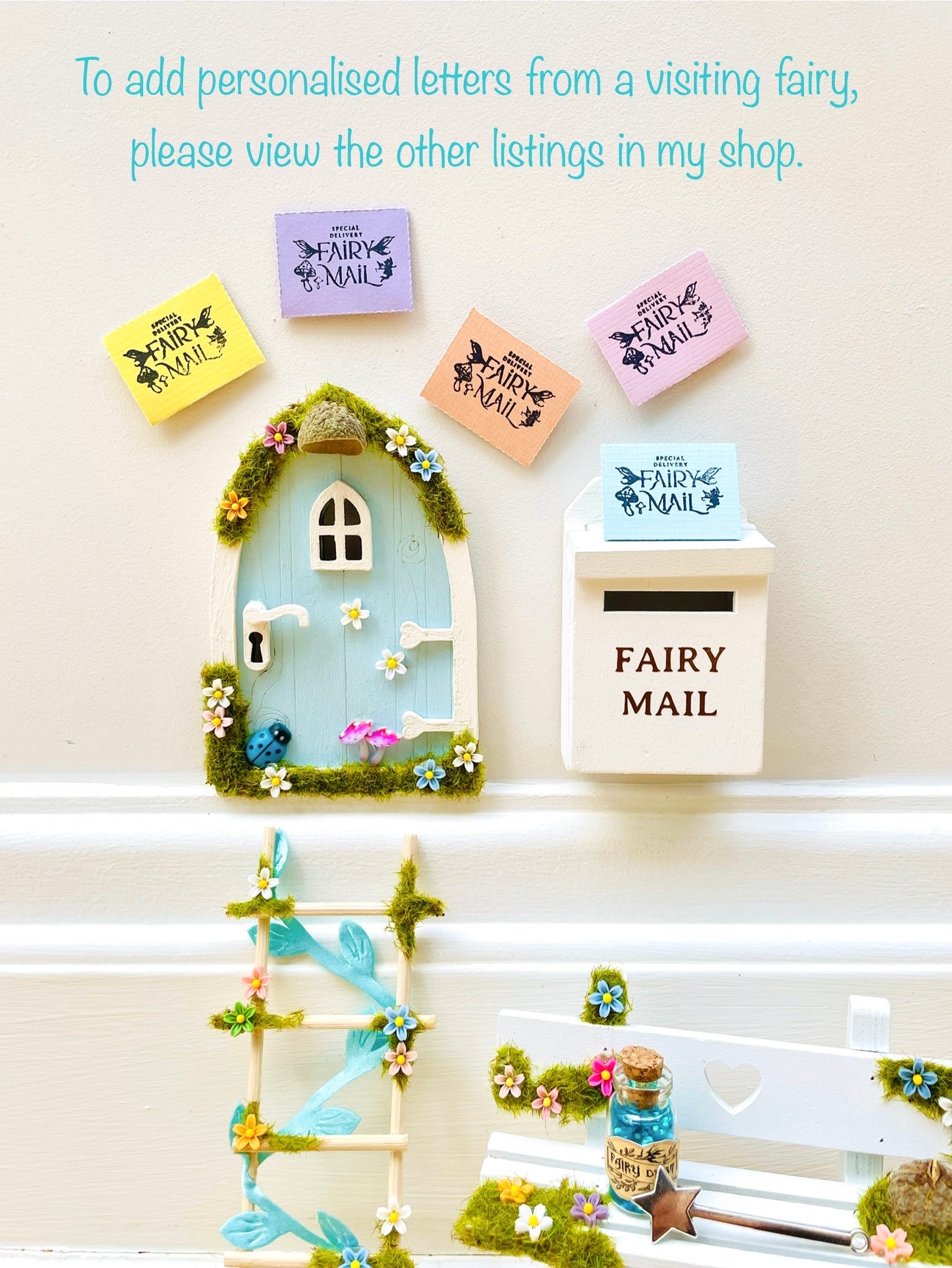 Blue FAIRY DOOR with Ladder, Fairy Bench & Fairy Postbox for Fairy Bedroom- Pale Blue Fairy Door