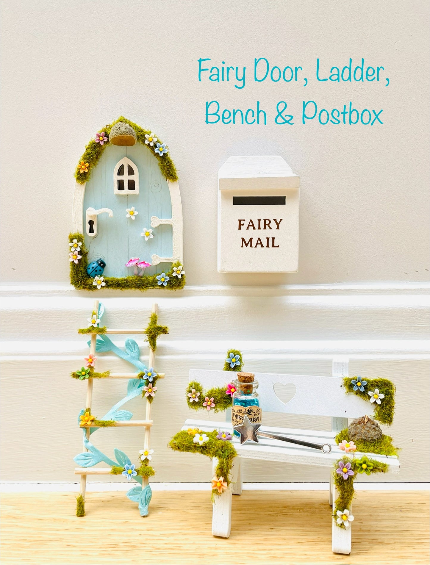 Blue FAIRY DOOR with Ladder, Fairy Bench & Fairy Postbox for Fairy Bedroom- Pale Blue Fairy Door