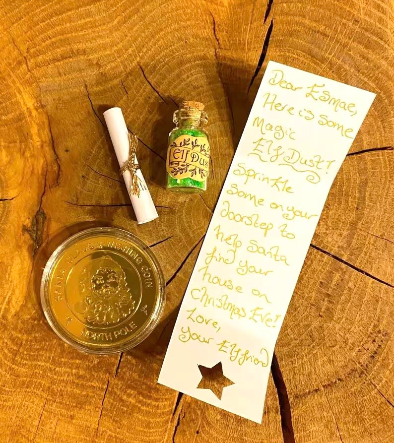 Santa Coin & Letter- perfect Father Christmas Gift (Christmas Eve Box filler- Personalised)- Nice List, Santa Golden Coin, Xmas Elf Dust