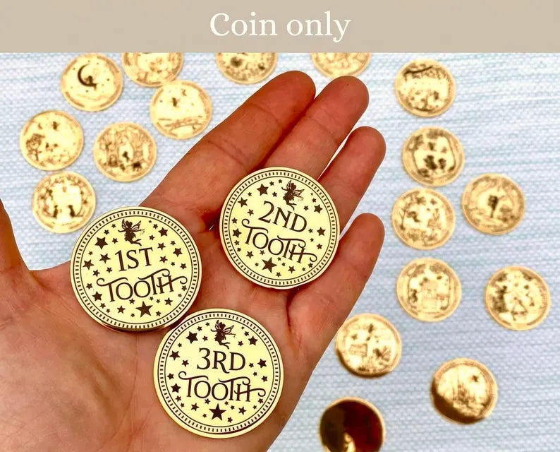 COMPLETE Tooth Fairy Kit | 20 Tooth Fairy Gold COINS & LETTERS - one for each tooth! First Tooth Fairy Kit | Buy individually or as a set
