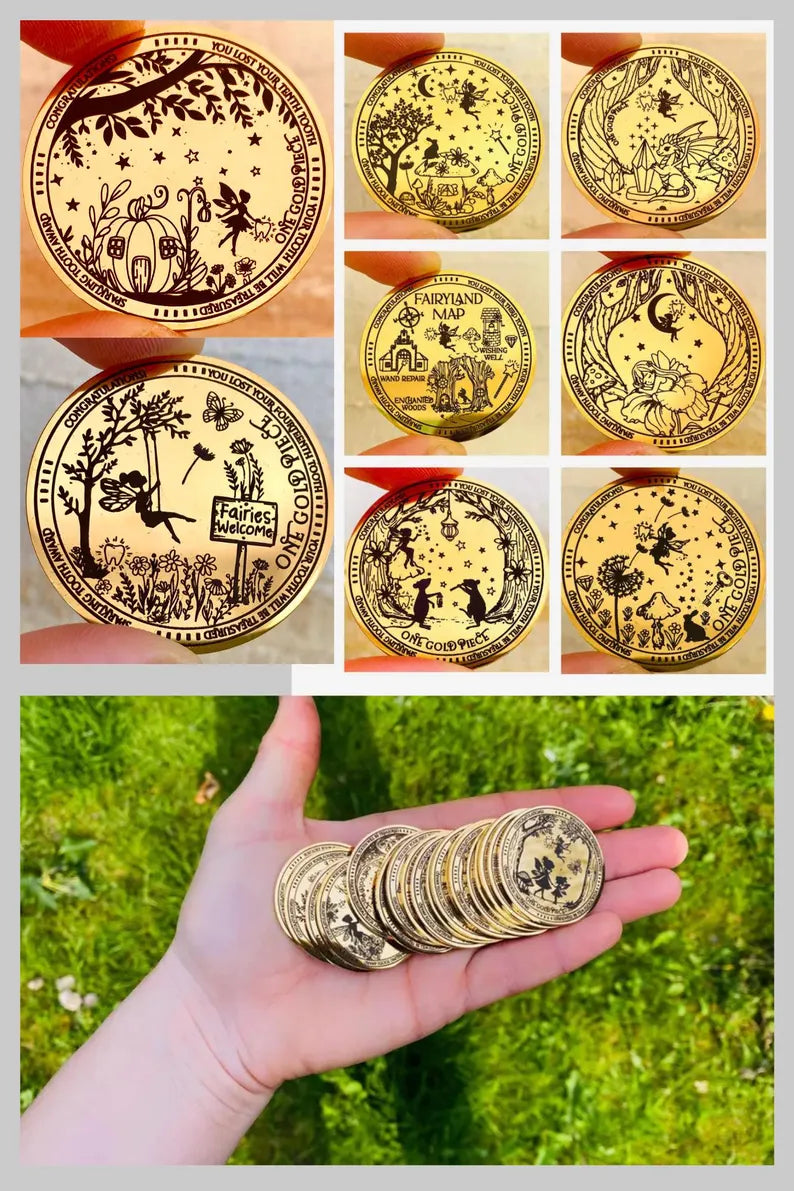 COMPLETE Tooth Fairy Kit | 20 Tooth Fairy Gold COINS & LETTERS - one for each tooth! First Tooth Fairy Kit | Buy individually or as a set