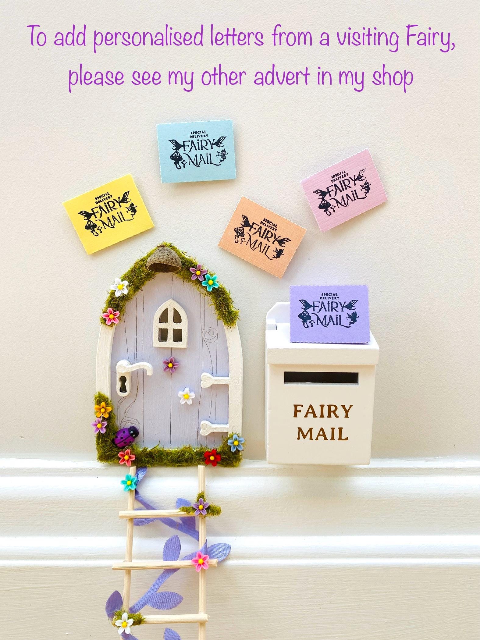 Lilac FAIRY DOOR with Ladder, Fairy Bench & Fairy Postbox for Fairy Bedroom- Lilac Fairy Door