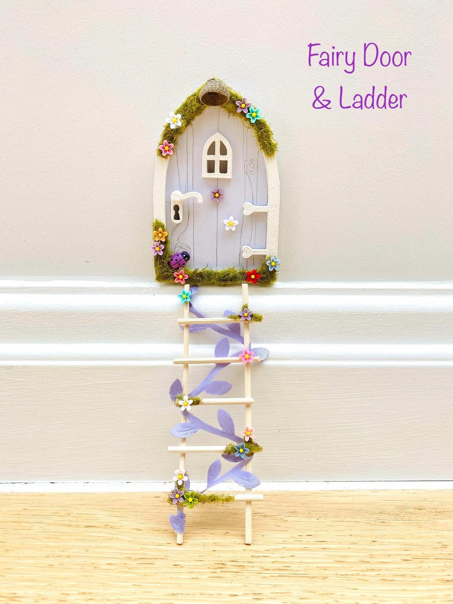 Lilac FAIRY DOOR with Ladder, Fairy Bench & Fairy Postbox for Fairy Bedroom- Lilac Fairy Door