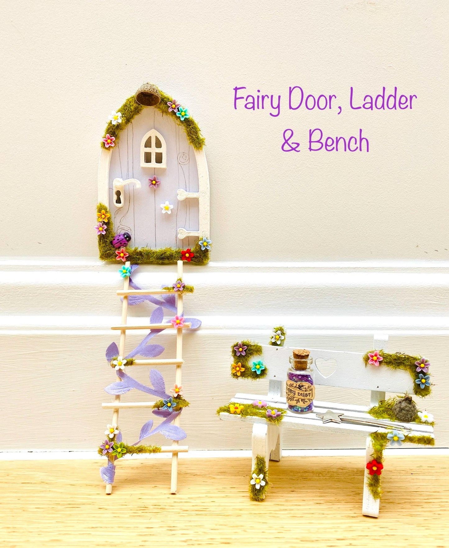 Lilac FAIRY DOOR with Ladder, Fairy Bench & Fairy Postbox for Fairy Bedroom- Lilac Fairy Door