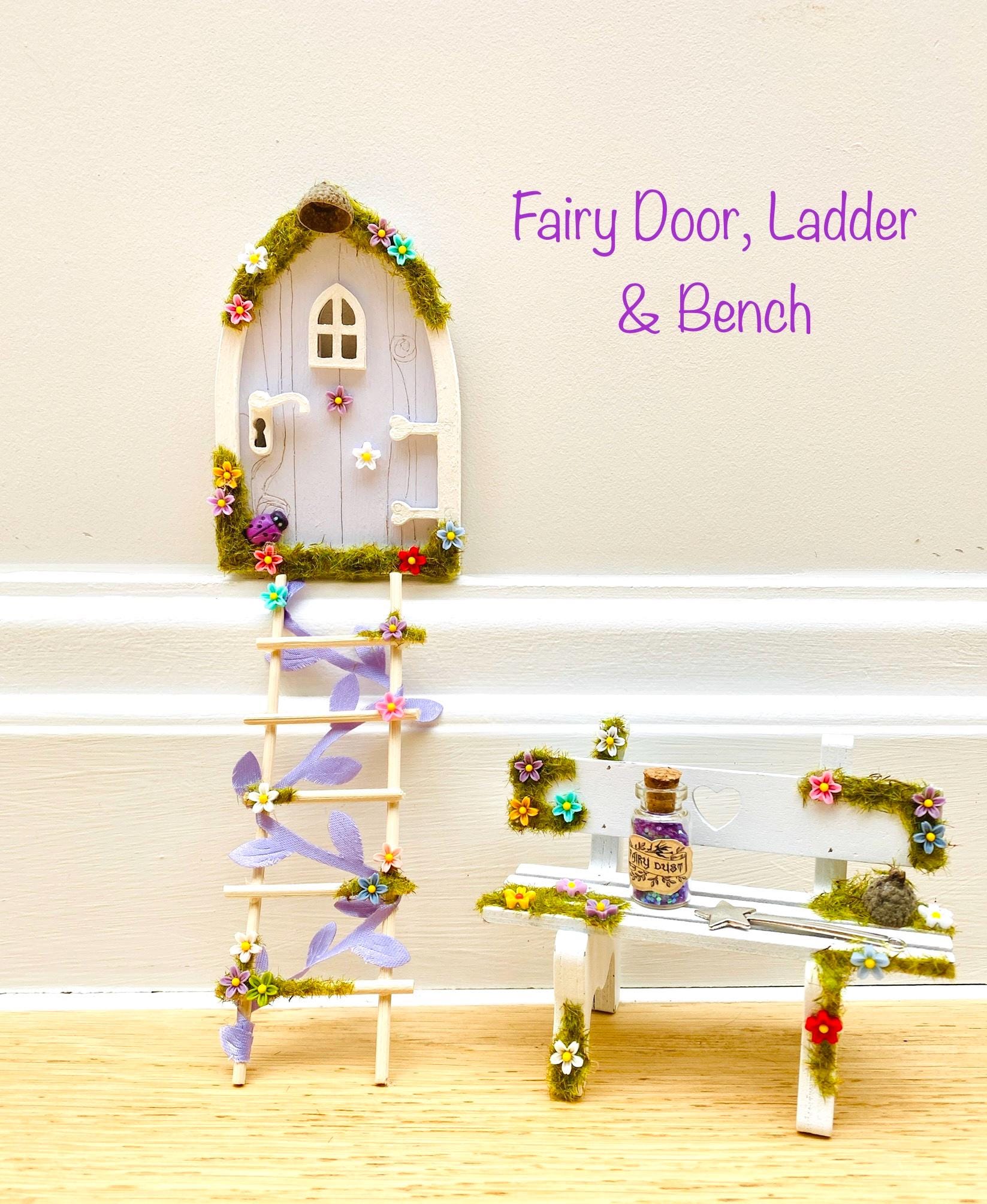 Lilac FAIRY DOOR with Ladder, Fairy Bench & Fairy Postbox for Fairy Bedroom- Lilac Fairy Door