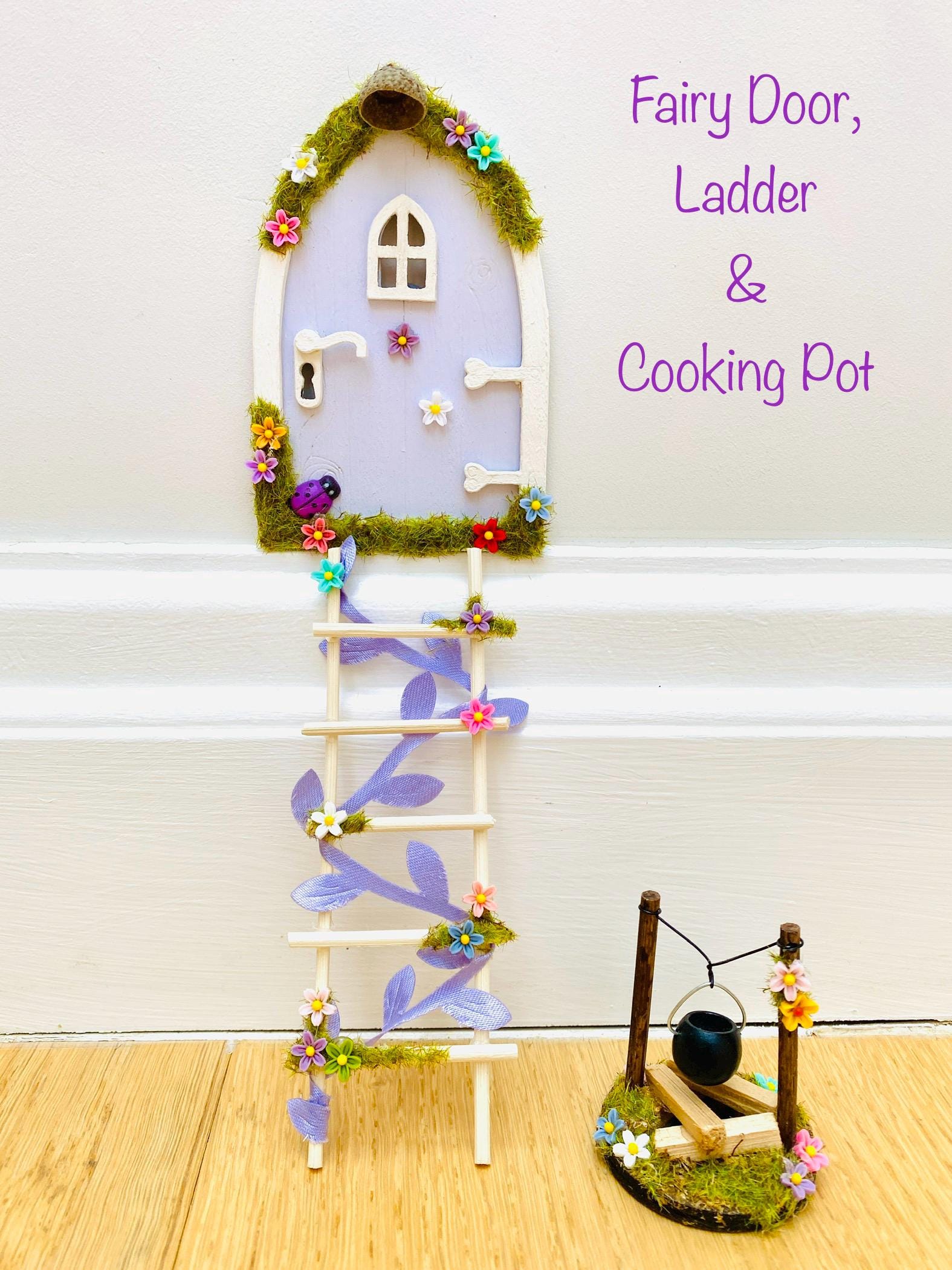 Lilac FAIRY DOOR with Ladder, Fairy Bench & Fairy Postbox for Fairy Bedroom- Lilac Fairy Door
