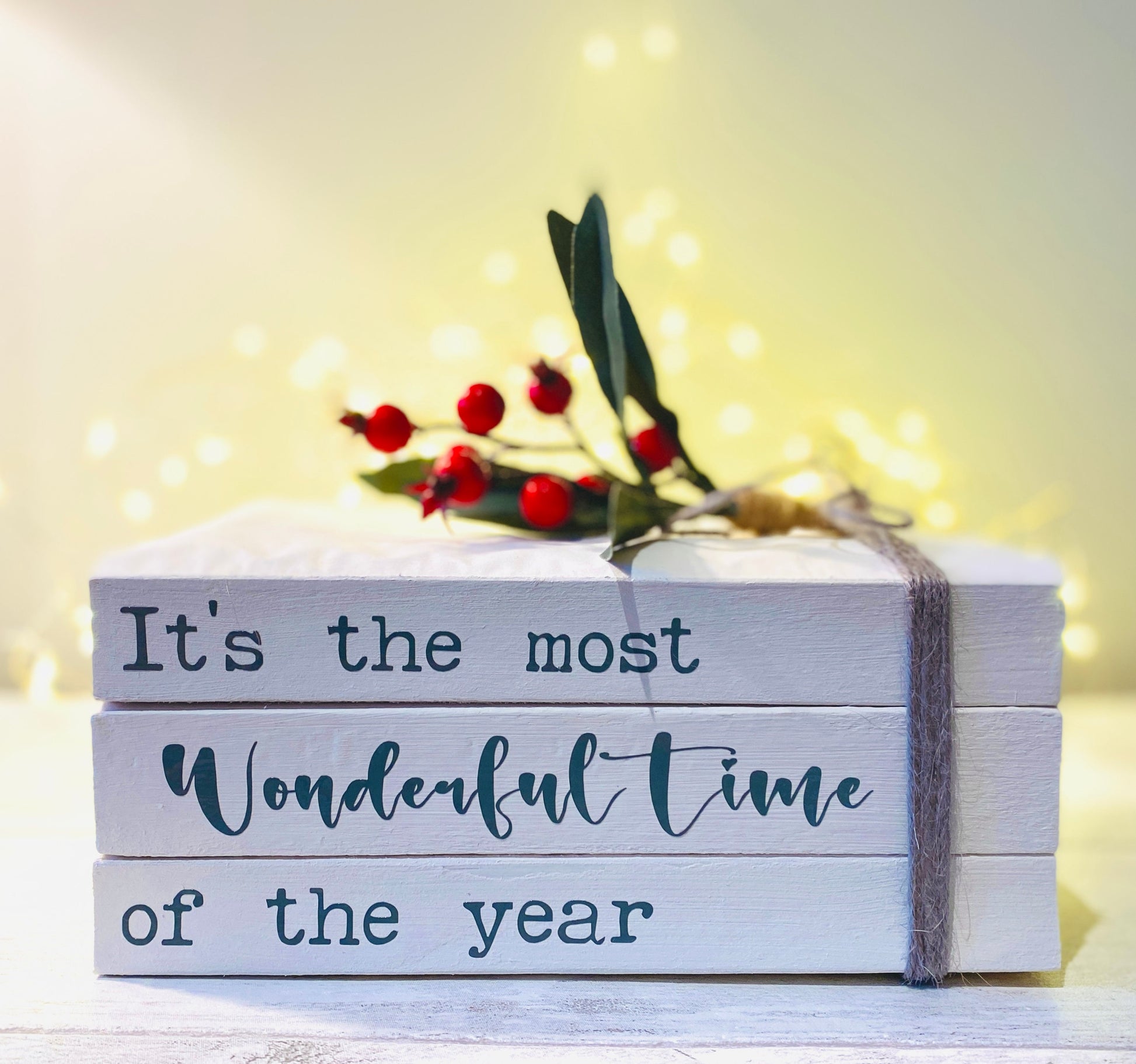 Most Wonderful Time of the Year Christmas Book Stack- Christmas Ornament- White Xmas Decor